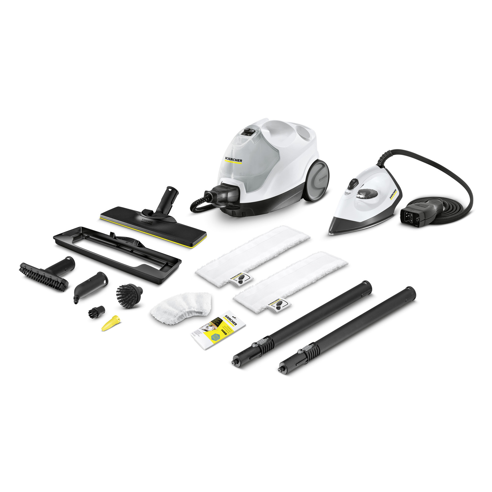 Kärcher steam cleaner set with accessories including brushes, cloths, extension tubes, and steam iron on a white background.