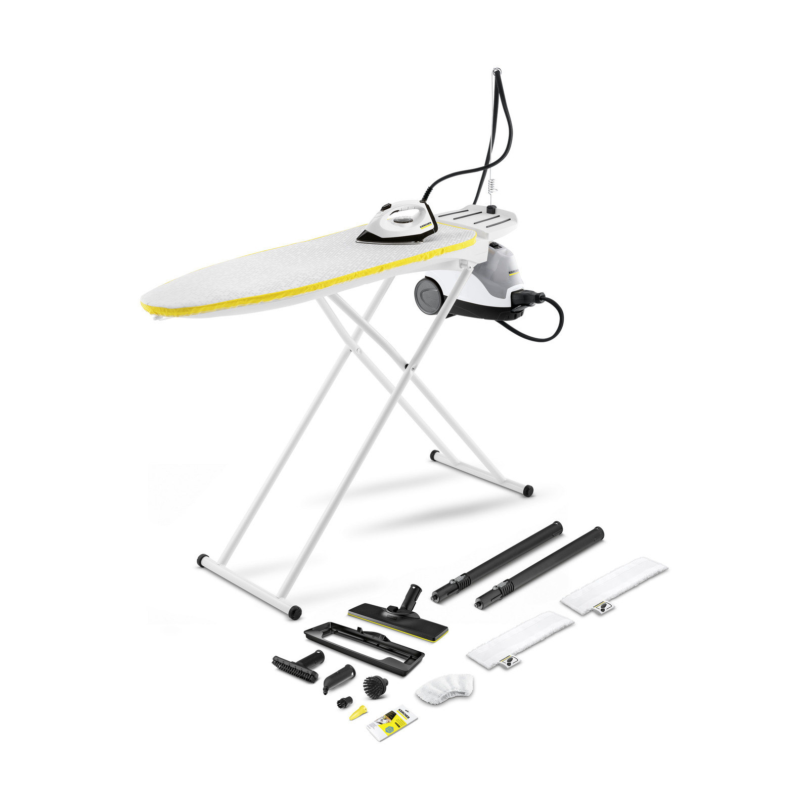 Kärcher ironing board with steam iron, accessories including brushes, nozzles, and cloths arranged below on a white background.