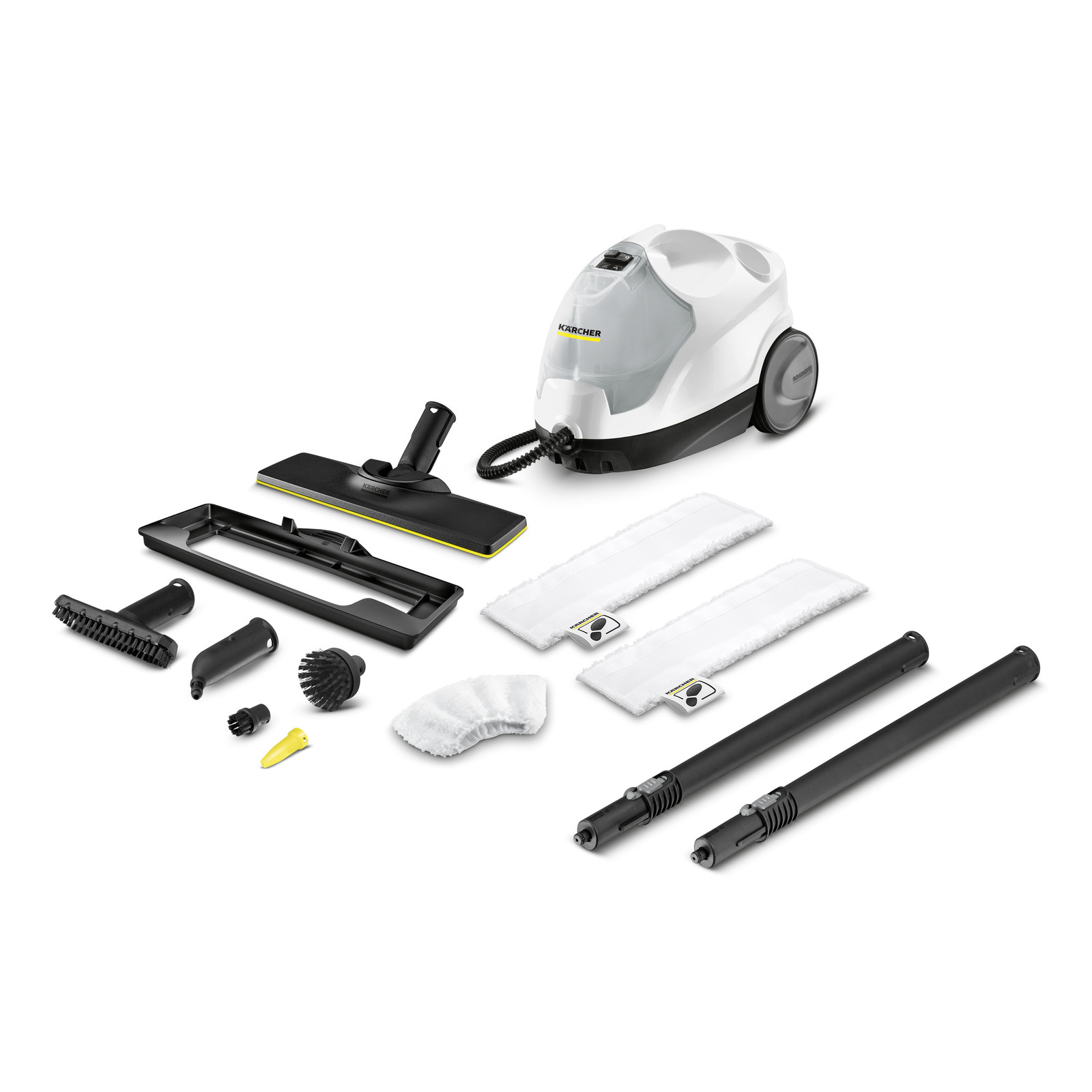 Kärcher steam cleaner with accessories including brushes, nozzles, extension tubes, and cleaning pads arranged on a white background.
