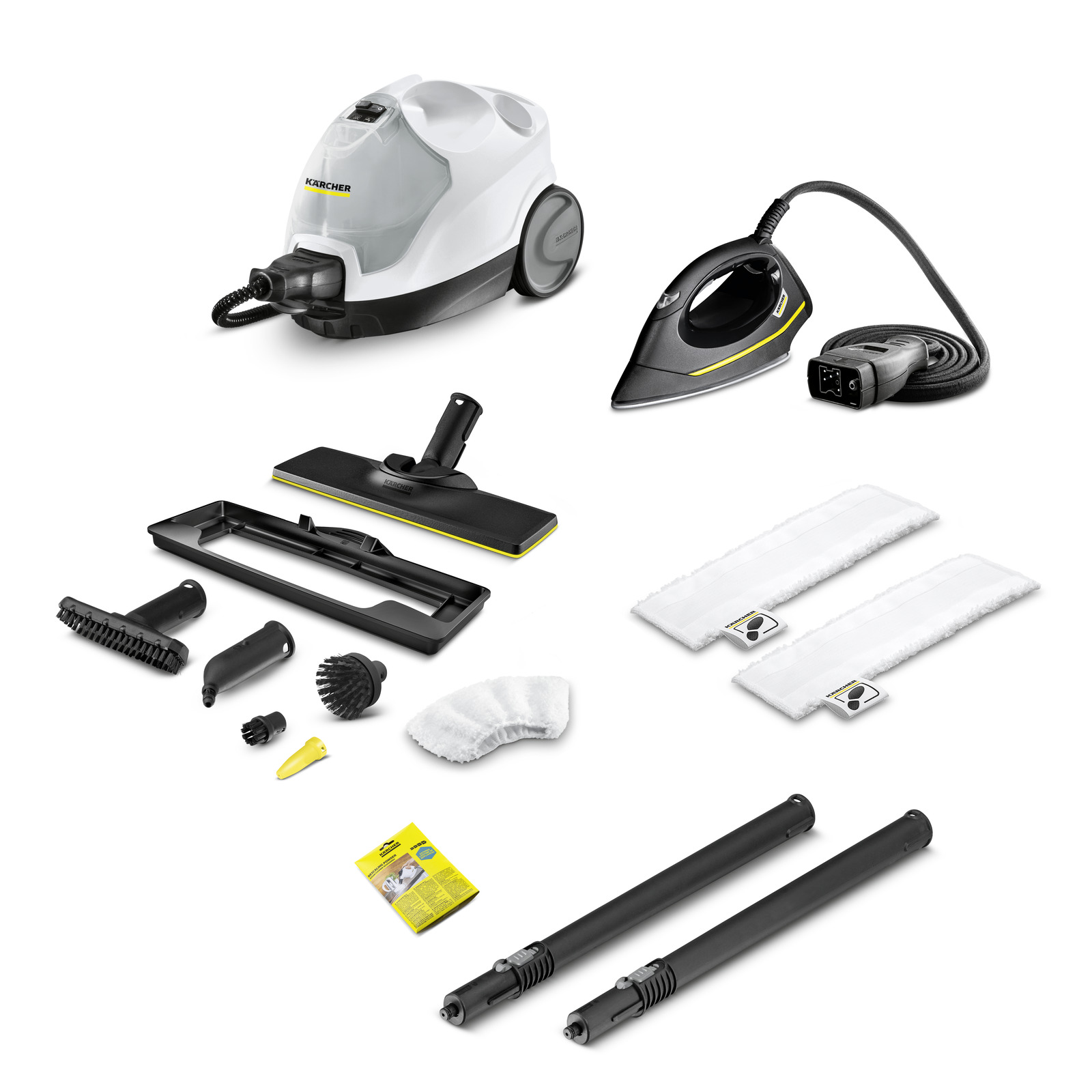 Kärcher steam cleaner with iron attachment, various nozzles, cleaning pads, extension tubes, and accessories on a white background.