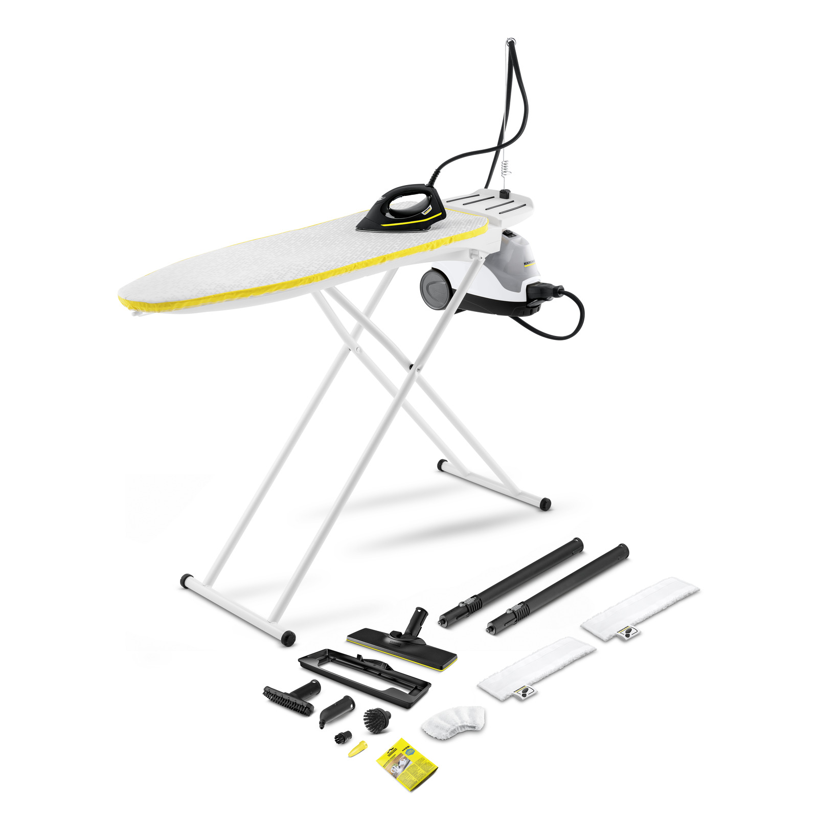 Masă de călcat cu fier de călcat Kärcher și accesorii de curățare dispuse pe podea. Masă de călcat cu fier de călcat Kärcher și accesorii de curățare dispuse pe podea.