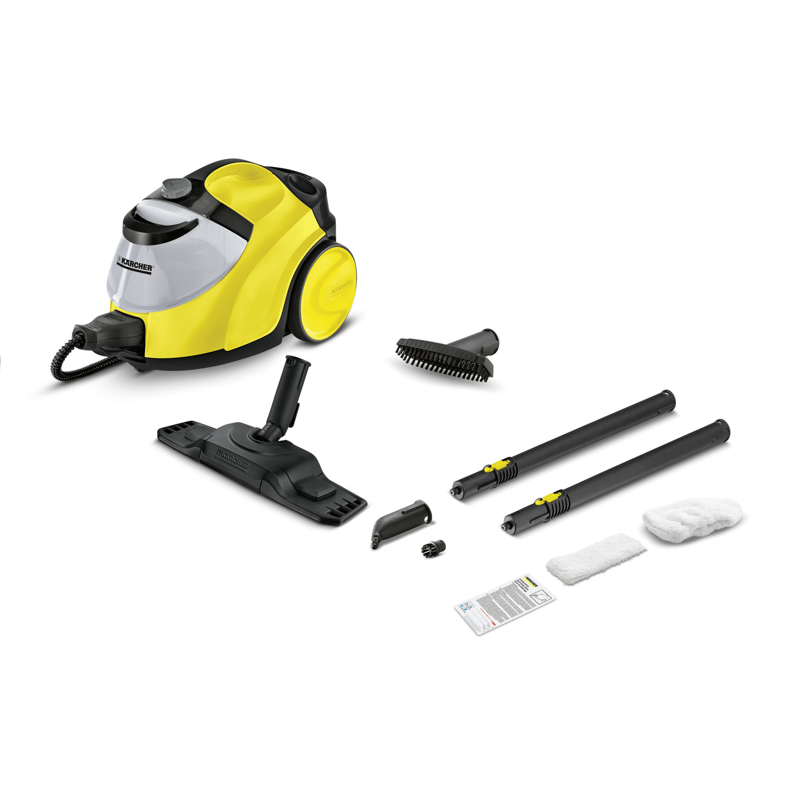 Kärcher steam cleaner with accessories including brushes, extension tubes, cleaning cloths, and a manual on a white background. Kärcher steam cleaner with accessories including brushes, extension tubes, cleaning cloths, and a manual on a white background.