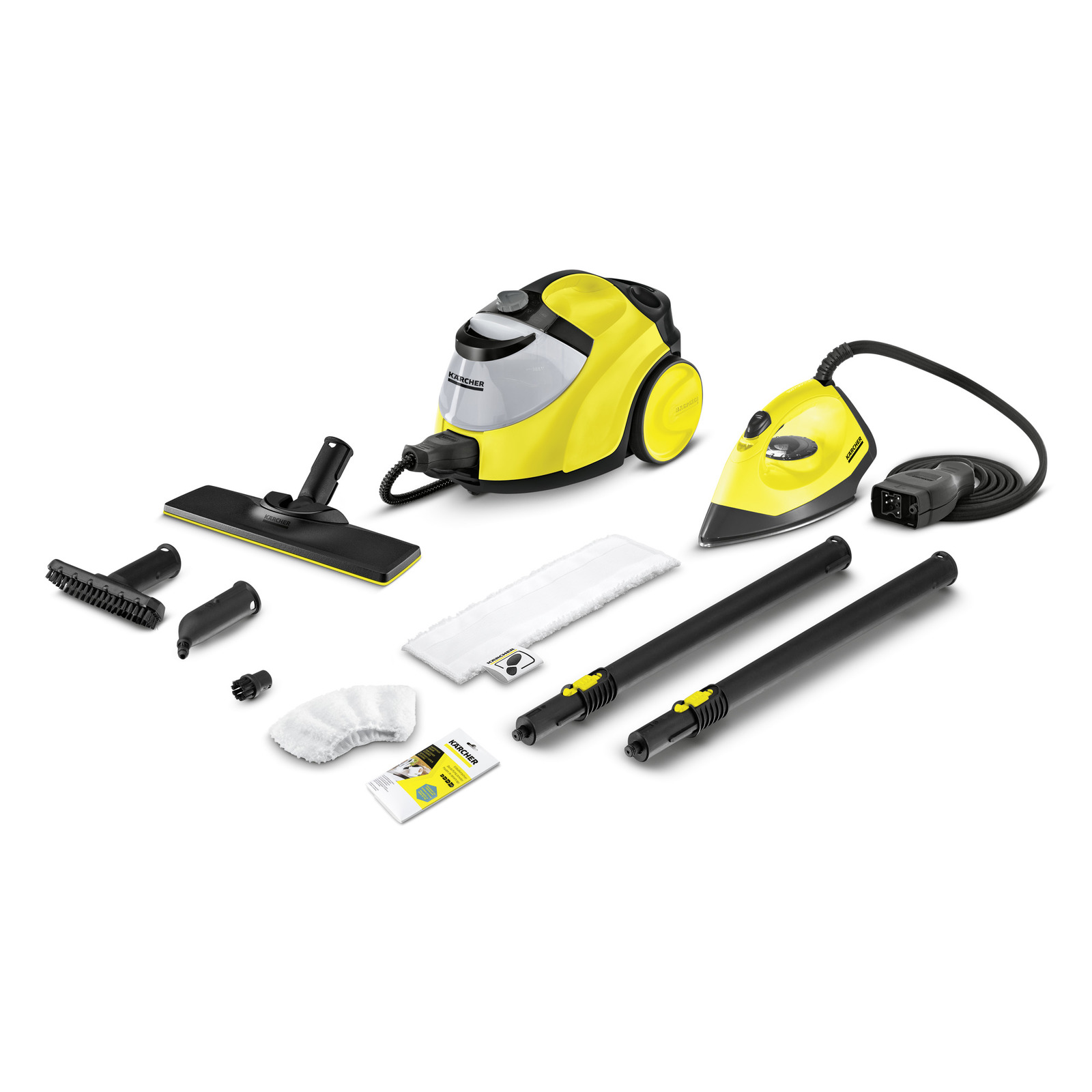 Aspirator cu aburi Kärcher și accesorii: duze, perii, cârpe, tuburi extensibile și manual de utilizare, toate pe fundal alb.