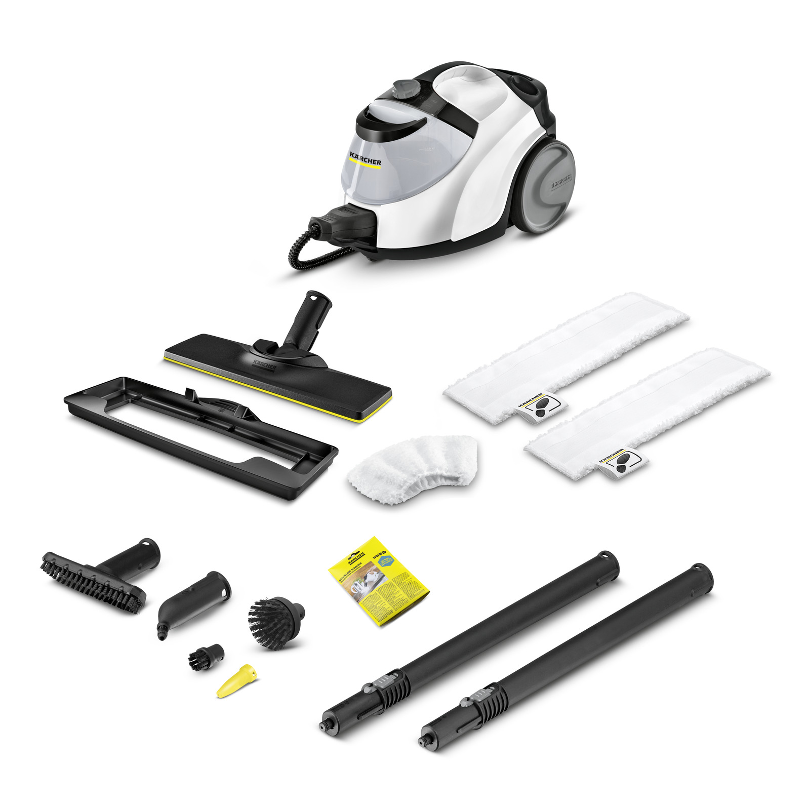Aspirator Kärcher cu aburi și accesorii diverse, inclusiv perii, duze, cârpe și tije extensibile, pe fundal alb.