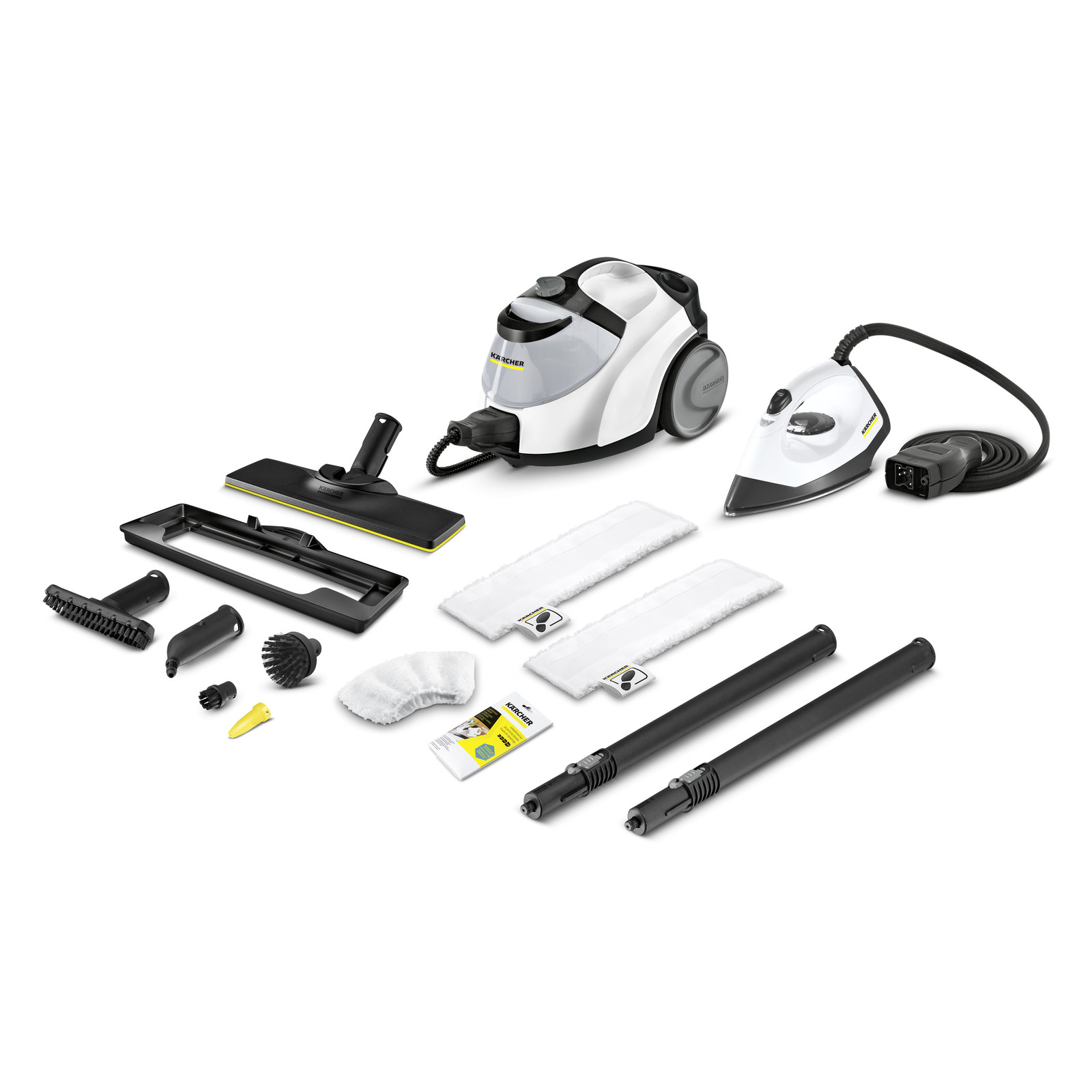 Kärcher steam cleaner set with accessories including brushes, nozzles, mop pads, and extension tubes on a white background.