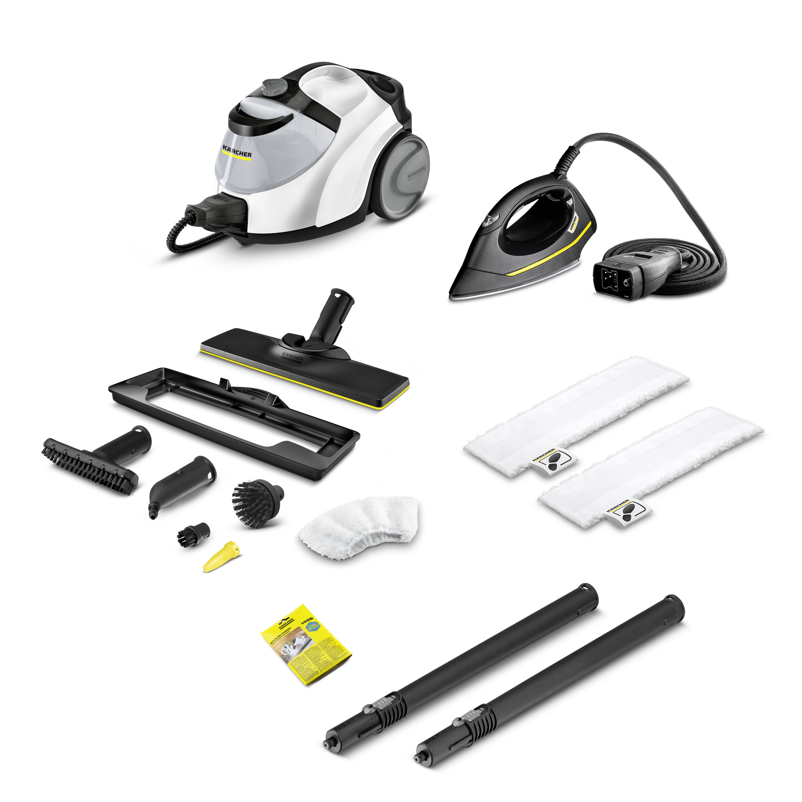 Kärcher steam cleaner with accessories including an iron, brushes, cloths, and extension tubes on a white background.