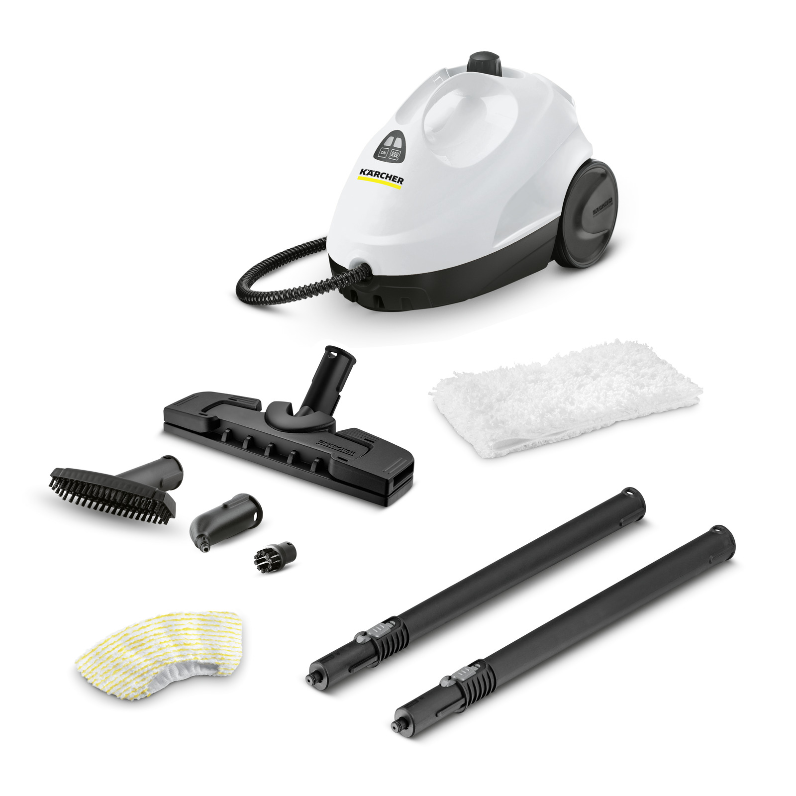 Kärcher steam cleaner with accessories including brushes, extension tubes, and cleaning cloths on a white background.