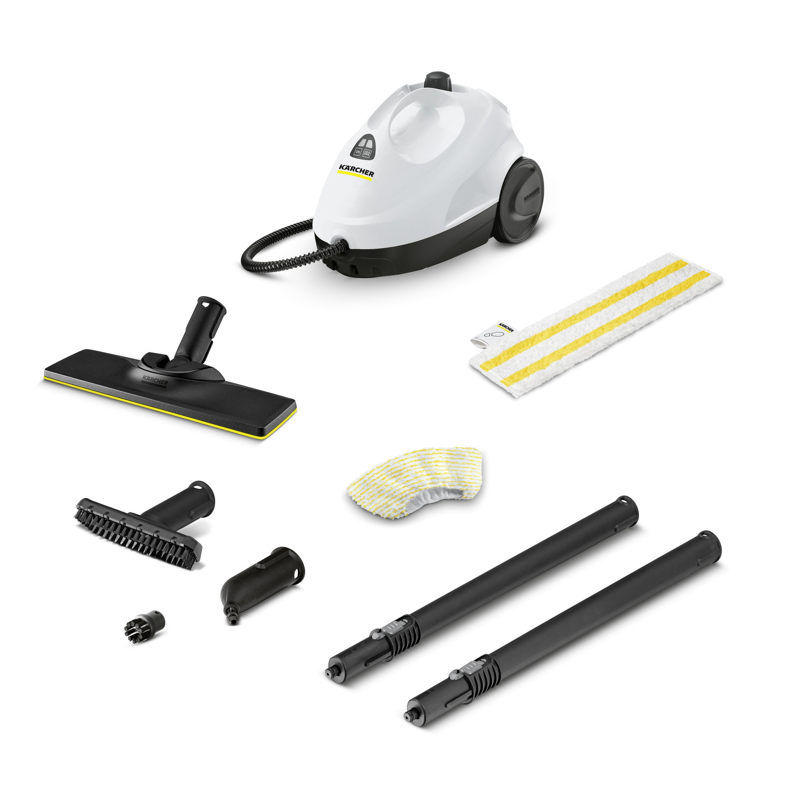 Kärcher steam cleaner with accessories including brushes, extension tubes, and cleaning pads, arranged on a white background. Kärcher steam cleaner with accessories including brushes, extension tubes, and cleaning pads, arranged on a white background.