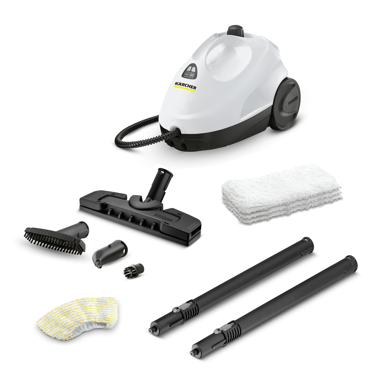 Kärcher steam cleaner with accessories including brushes, nozzles, extension tubes, and cleaning cloths on a white background.