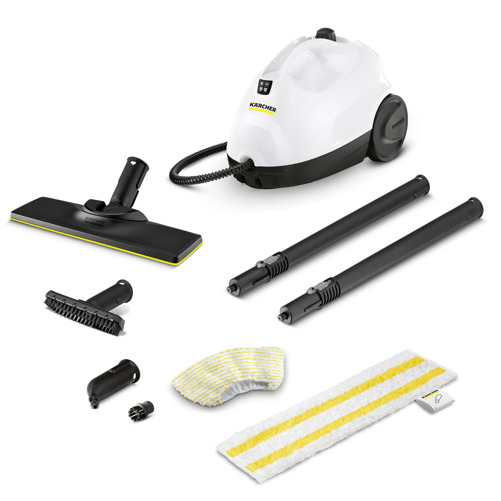 Kärcher steam cleaner with accessories including extension tubes, floor nozzle, brush, and cleaning cloths on a white background.