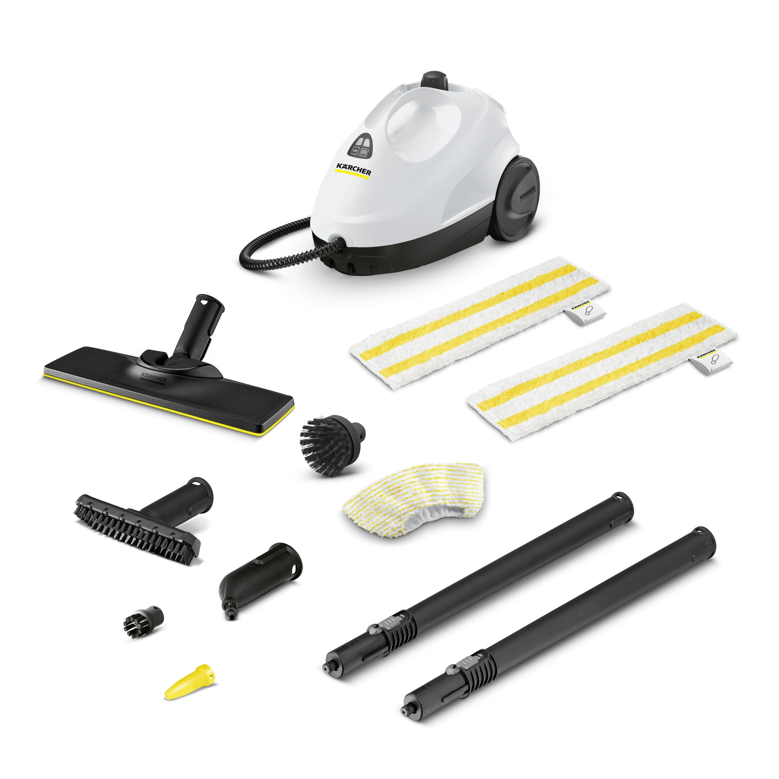 Aspirator cu aburi Kärcher și accesorii: perii, duze, lavete și extensii negre pe fundal alb.