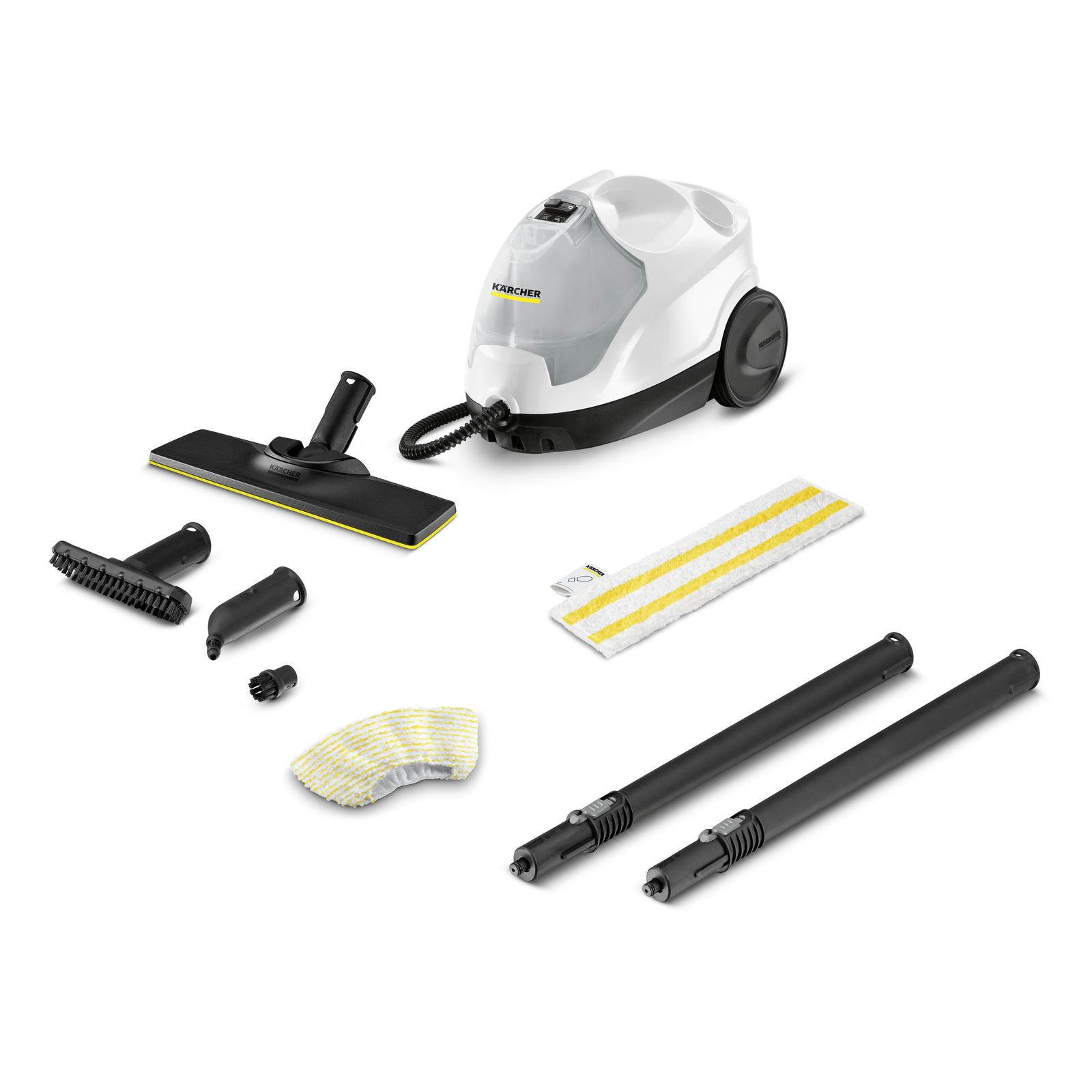 Kärcher steam cleaner with accessories including brushes, nozzles, extension tubes, and cleaning pads on a white background.