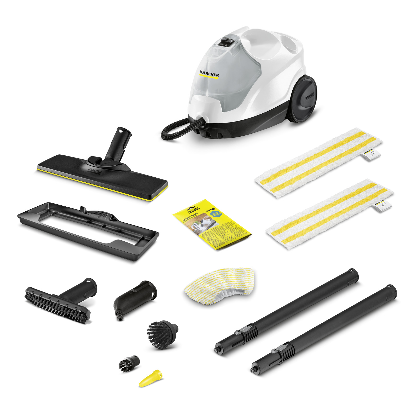 Aspirator cu aburi Kärcher și accesorii: duze, perii, lavete, tuburi extensibile și manual de utilizare.