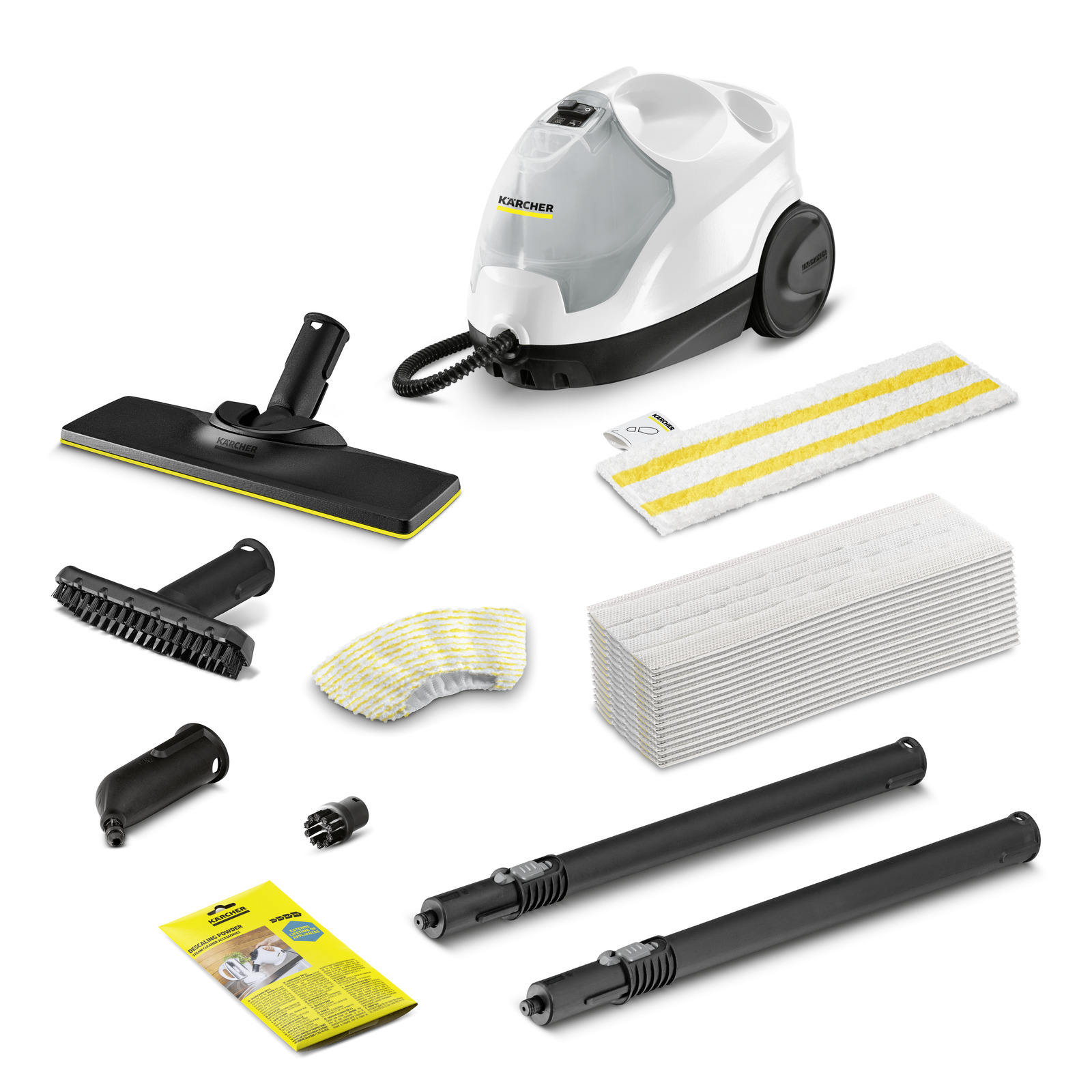 Kärcher steam cleaner with accessories including brushes, cloths, extension tubes, and instruction manual on a white background.