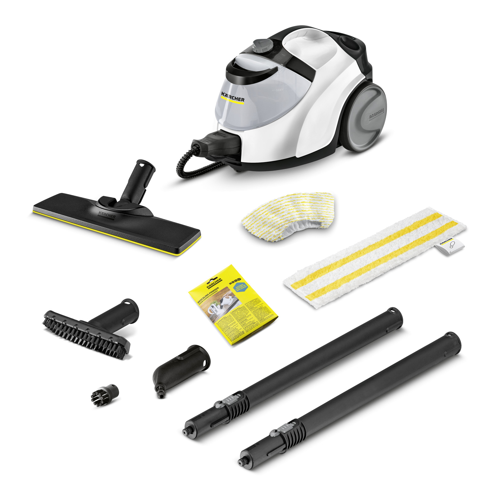 Kärcher steam cleaner with accessories including nozzles, brushes, extension tubes, and cleaning pads arranged on a white background. Kärcher steam cleaner with accessories including nozzles, brushes, extension tubes, and cleaning pads arranged on a white background.
