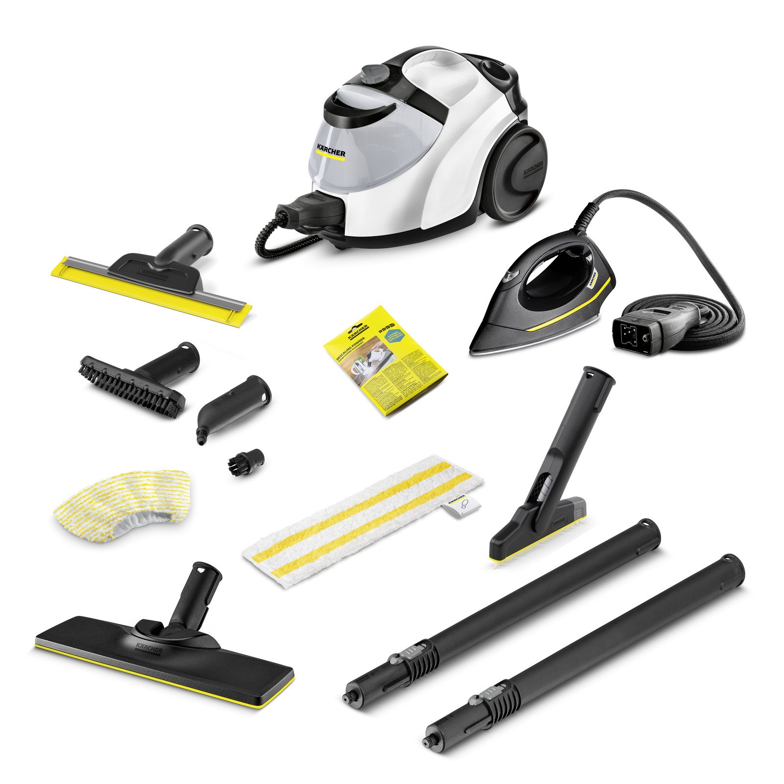Aspirator cu abur Kärcher, fier de călcat Kärcher și diverse accesorii de curățare, inclusiv duze, perii, lavete și tuburi de extensie.