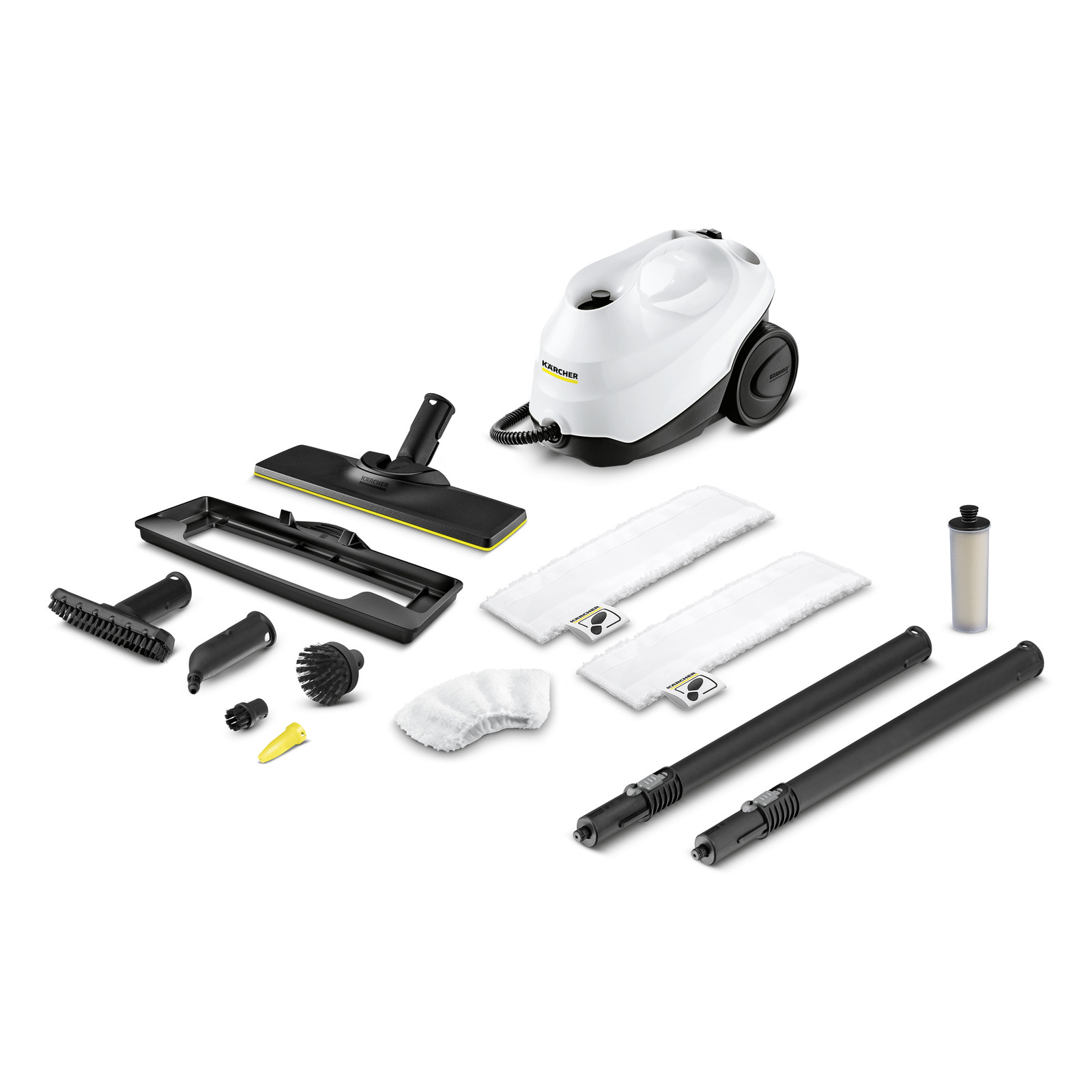 Aspirator cu aburi Kärcher și accesorii: perii, duze, cârpe albe, tuburi extensibile și filtru.