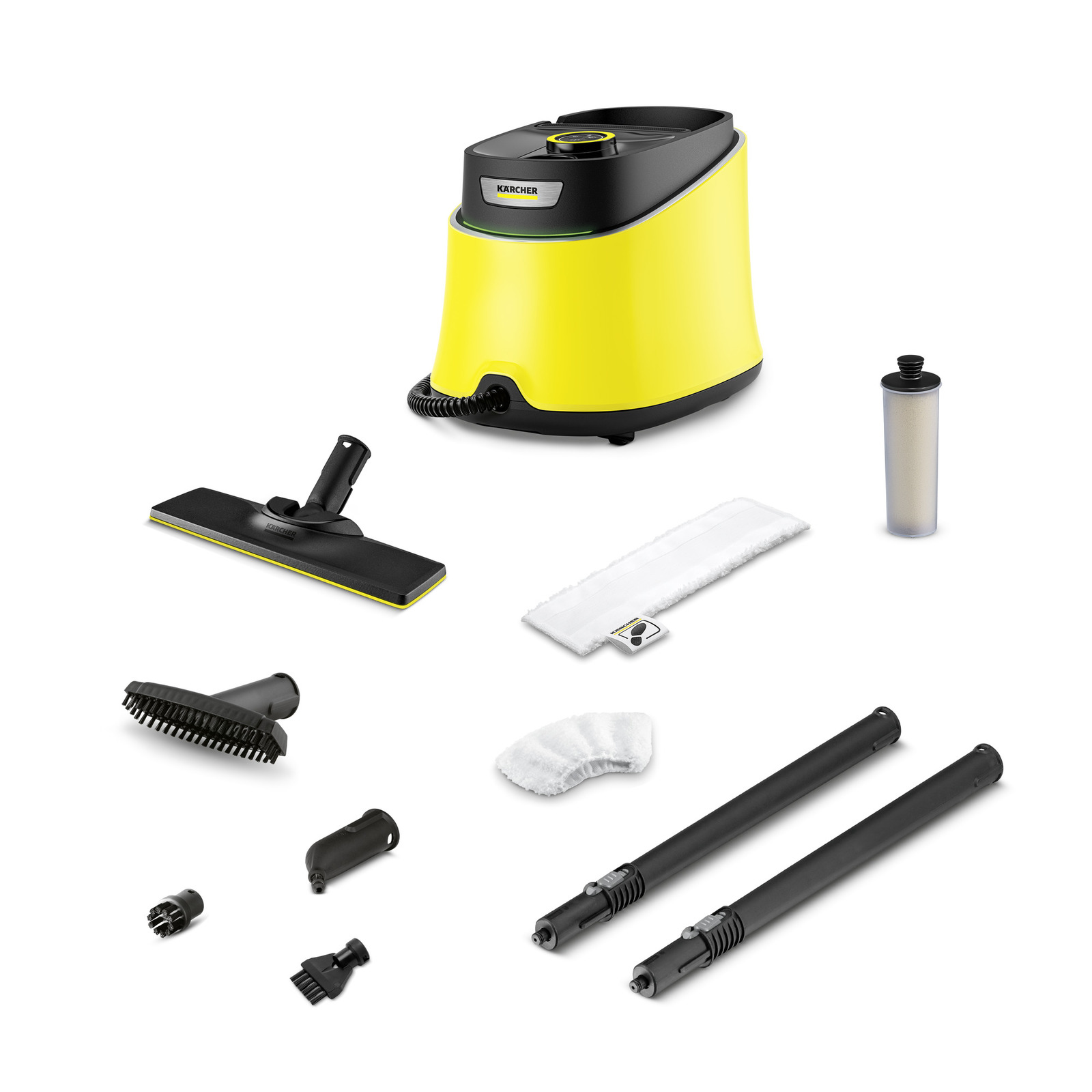 Aspirator cu aburi Kärcher galben, accesorii incluse: perie, duze, lavete, tuburi extensibile și filtru.