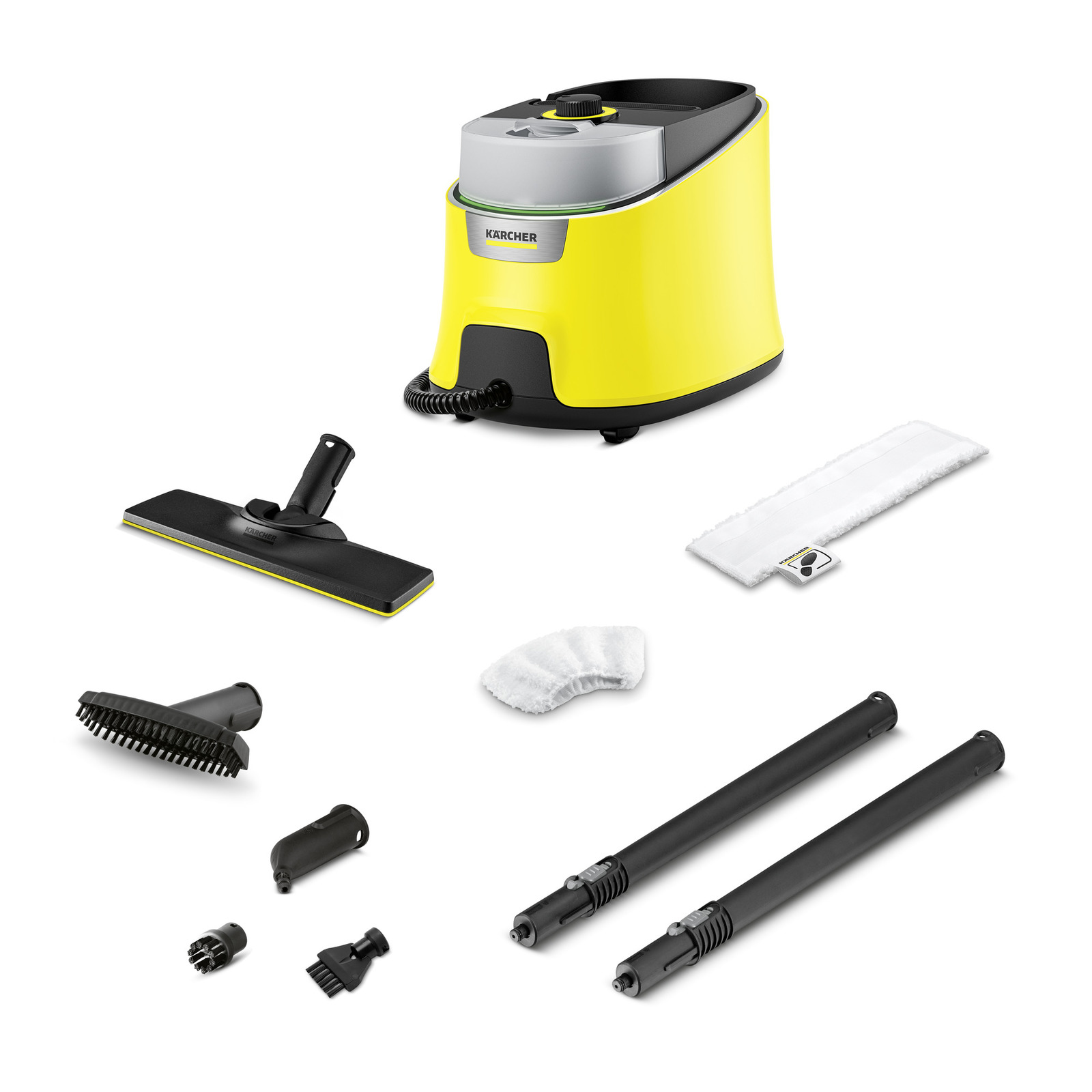 Aspirator Kärcher cu aburi galben, accesorii incluse: perie, duze, extensii, lavete.