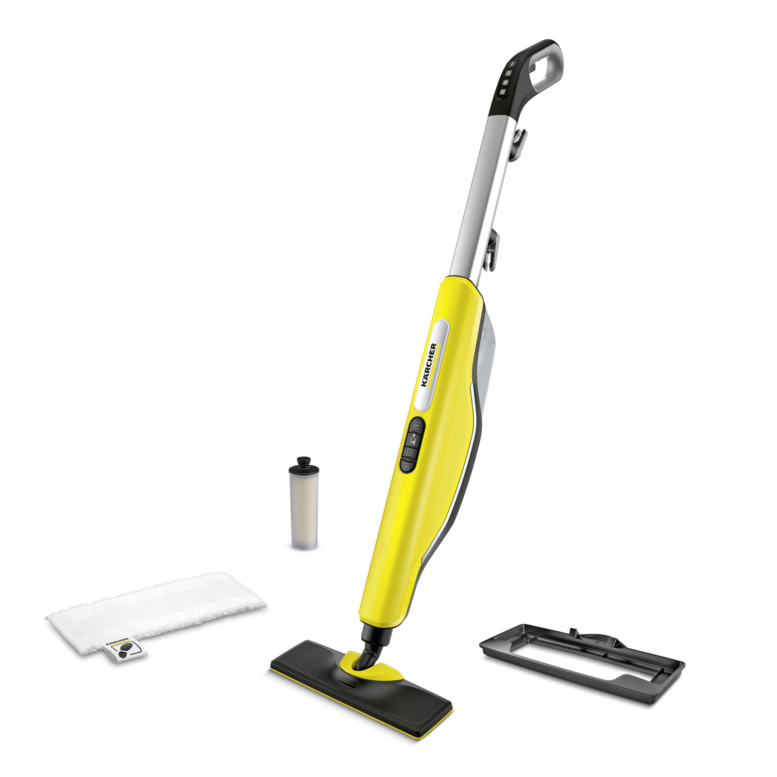 Kärcher Dampfreiniger mit gelbem Gehäuse, Zubehör wie Tuch, Filter und Rahmen auf weißem Hintergrund.