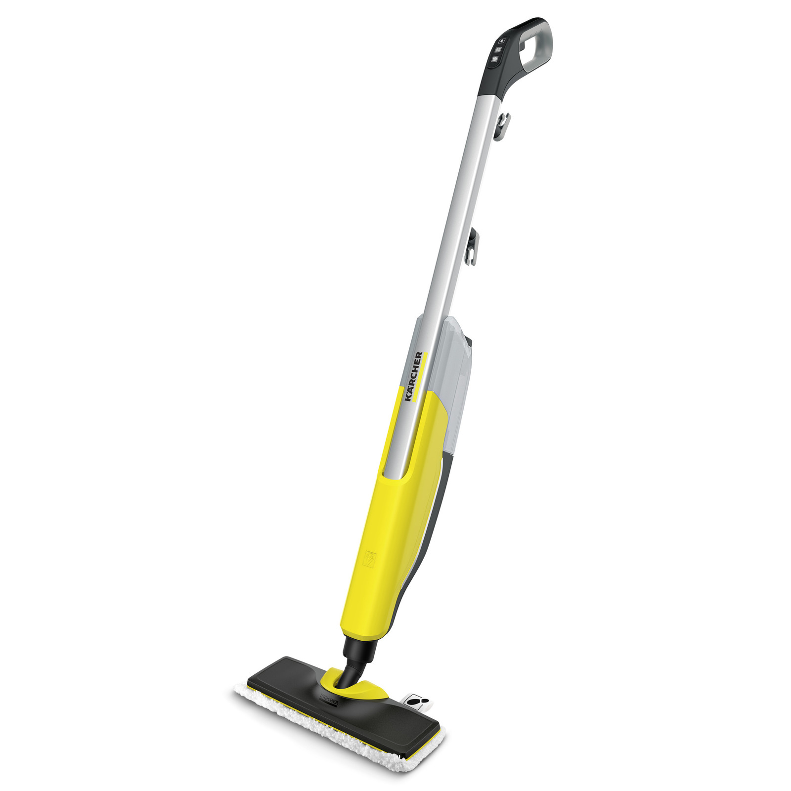 Mop cu aburi Kärcher, design modern, culori galben și negru, cu mâner ergonomic și bază dreptunghiulară.