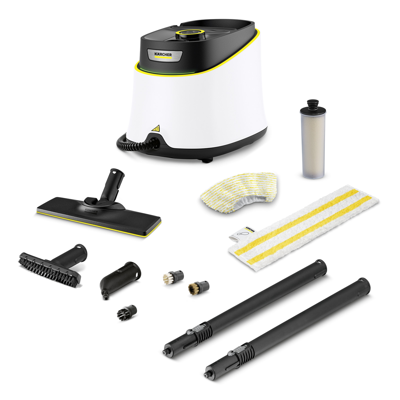 Kärcher steam cleaner with various attachments, including brushes, nozzles, extension tubes, and cleaning pads. Kärcher steam cleaner with various attachments, including brushes, nozzles, extension tubes, and cleaning pads.