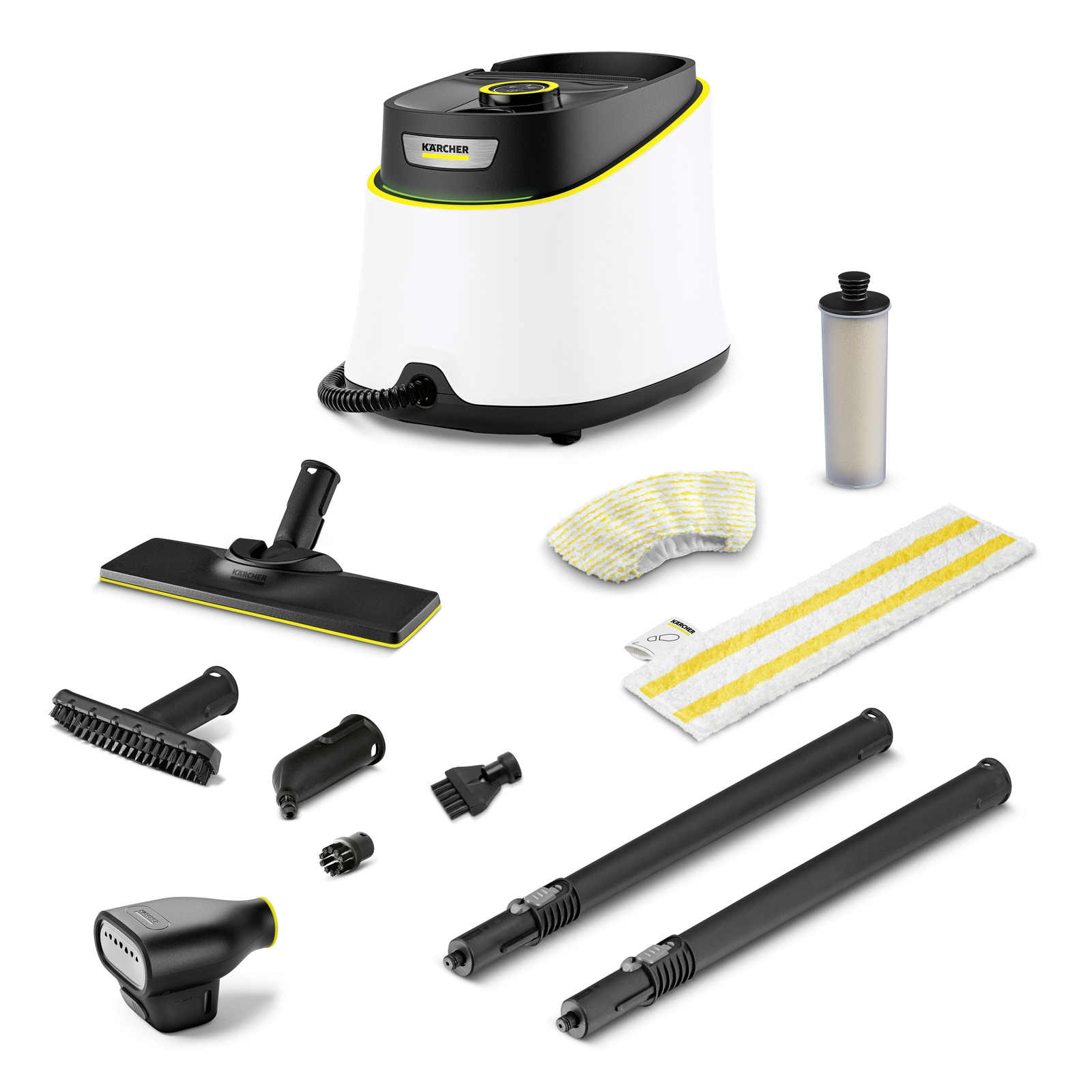 Kärcher steam cleaner with various attachments, including brushes, nozzles, extension tubes, and cleaning pads, arranged on a white background.