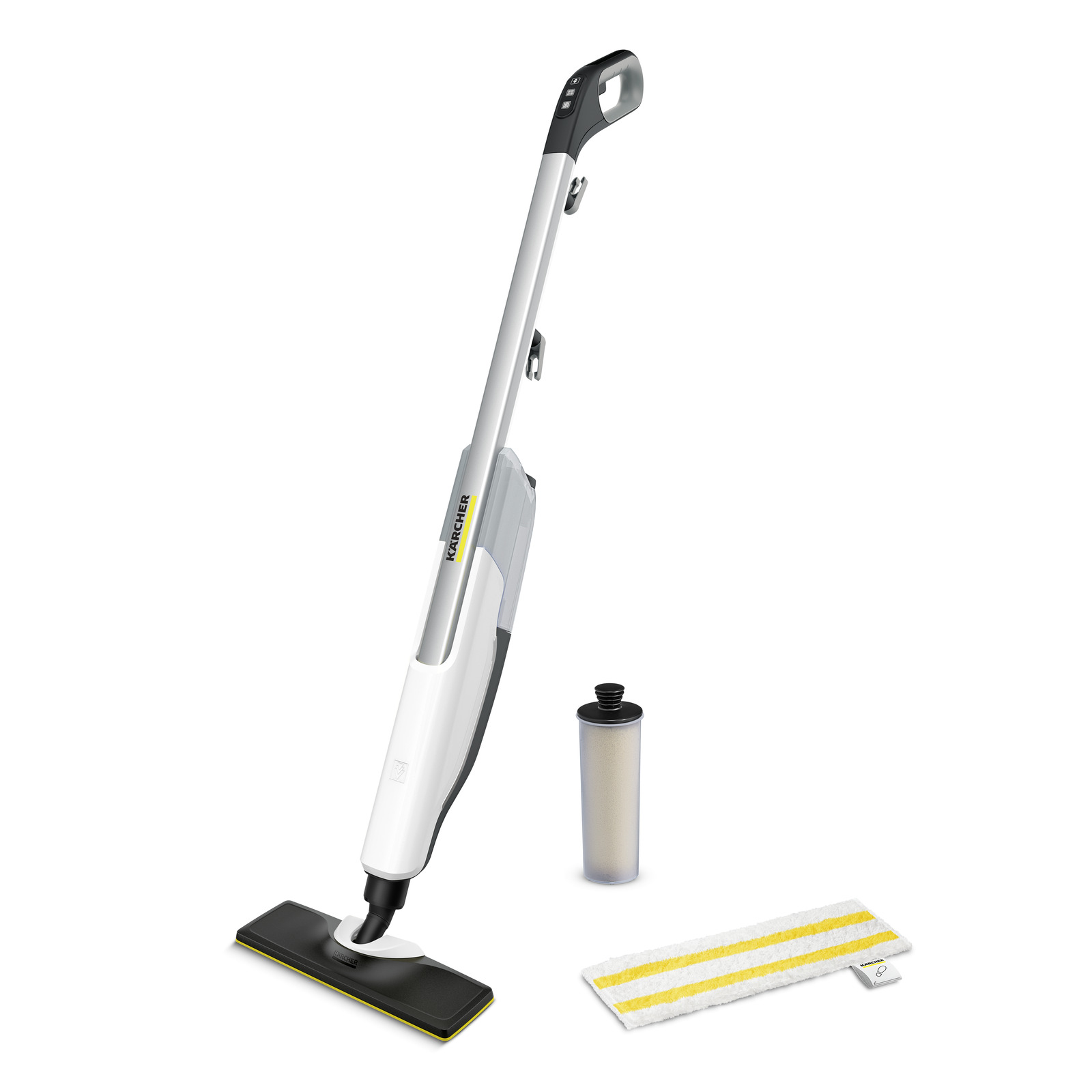 Kärcher steam mop with a sleek design, shown with a filter and a rectangular cleaning pad. Kärcher steam mop with a sleek design, shown with a filter and a rectangular cleaning pad.