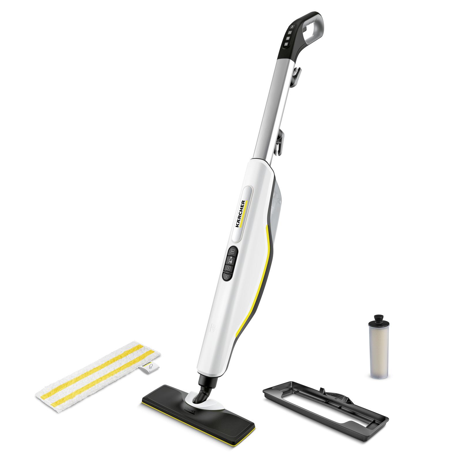 Kärcher steam cleaner with detachable parts, including a cleaning pad, filter, and accessory holder, on a white background. Kärcher steam cleaner with detachable parts, including a cleaning pad, filter, and accessory holder, on a white background.