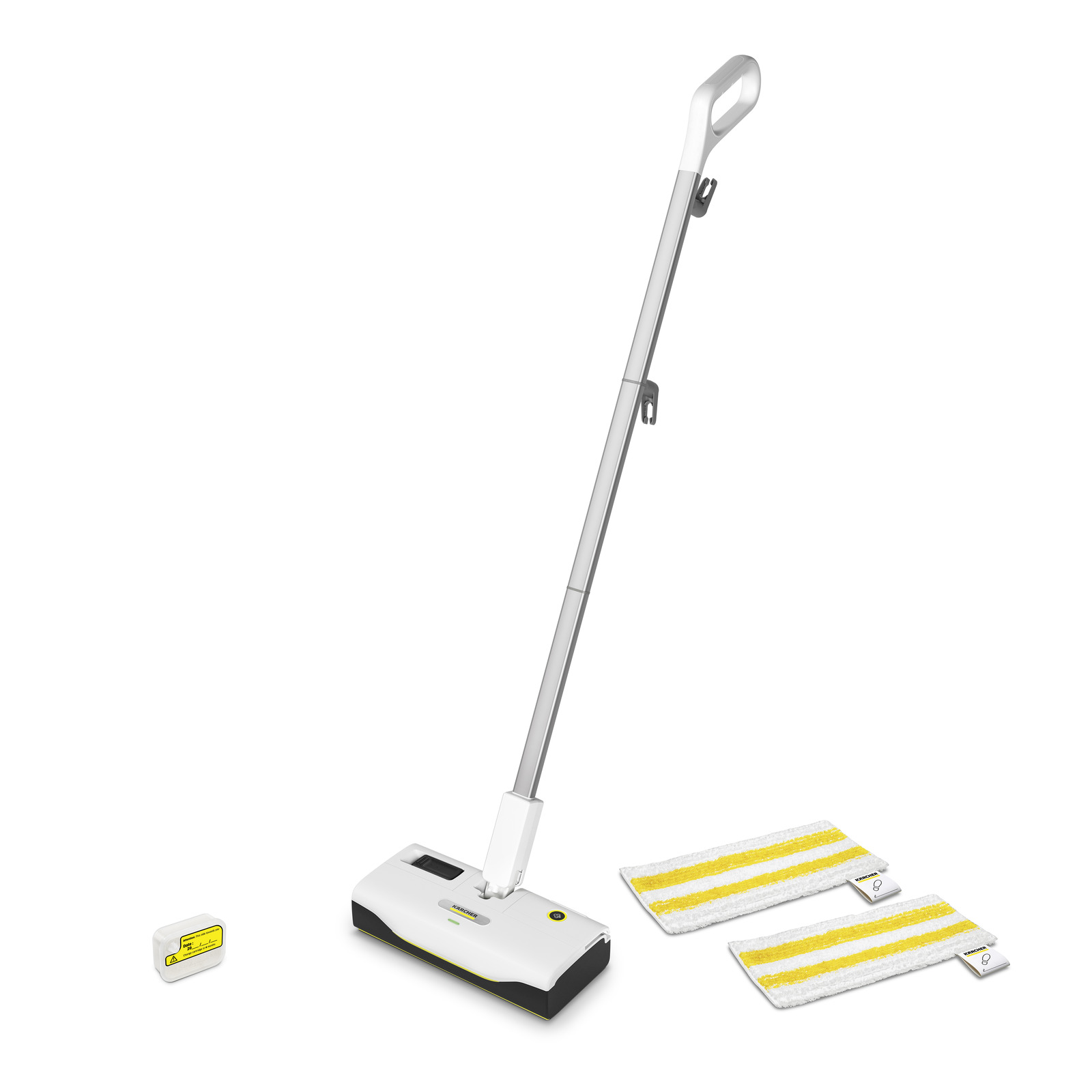 Kärcher cordless electric mop with battery and two cleaning pads on a white background.