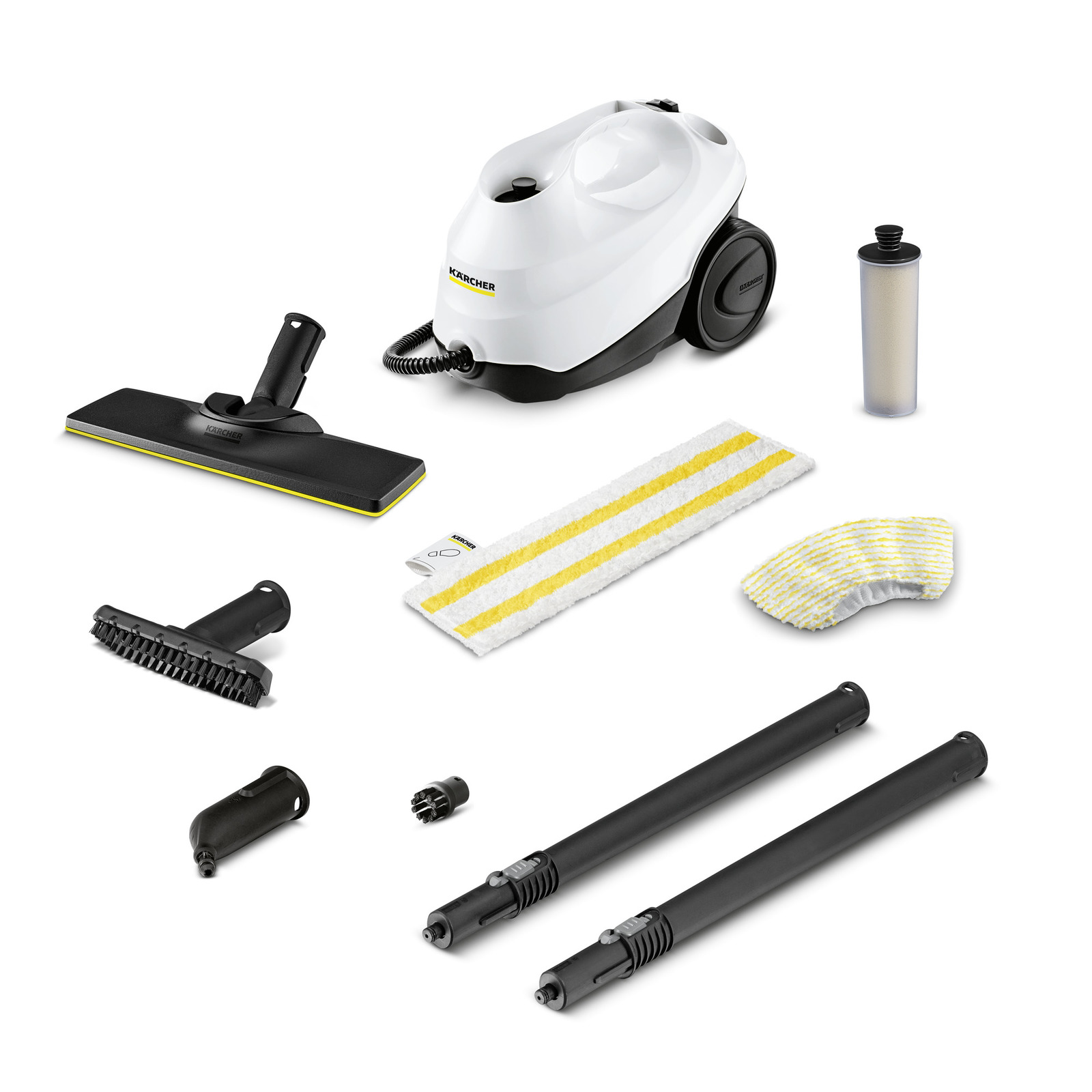 Kärcher steam cleaner with accessories: floor nozzle, brushes, extension tubes, microfibre cloths, and descaling cartridge. Kärcher steam cleaner with accessories: floor nozzle, brushes, extension tubes, microfibre cloths, and descaling cartridge.
