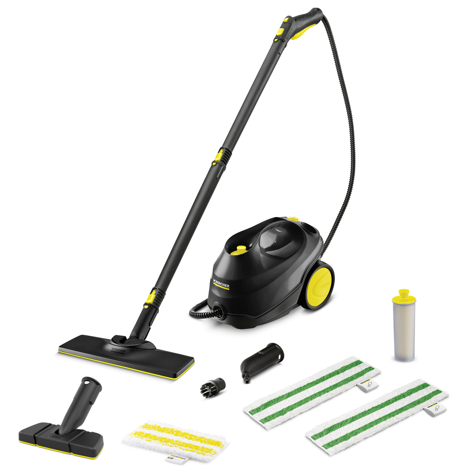 Kärcher steam cleaner with accessories including floor nozzle, hand nozzle, extension tubes, and cleaning cloths on a white background.