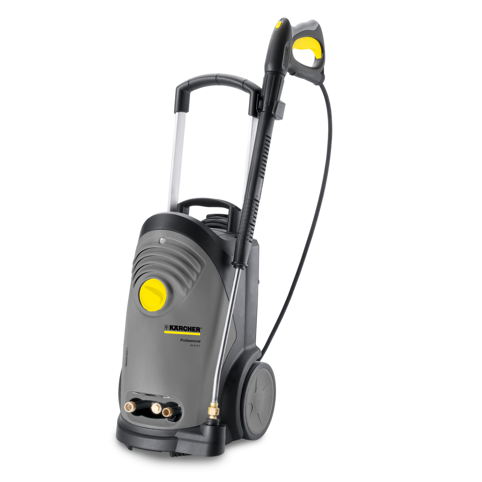 Kärcher high-pressure cleaner with grey body, yellow accents, and attached spray lance, standing on wheels.