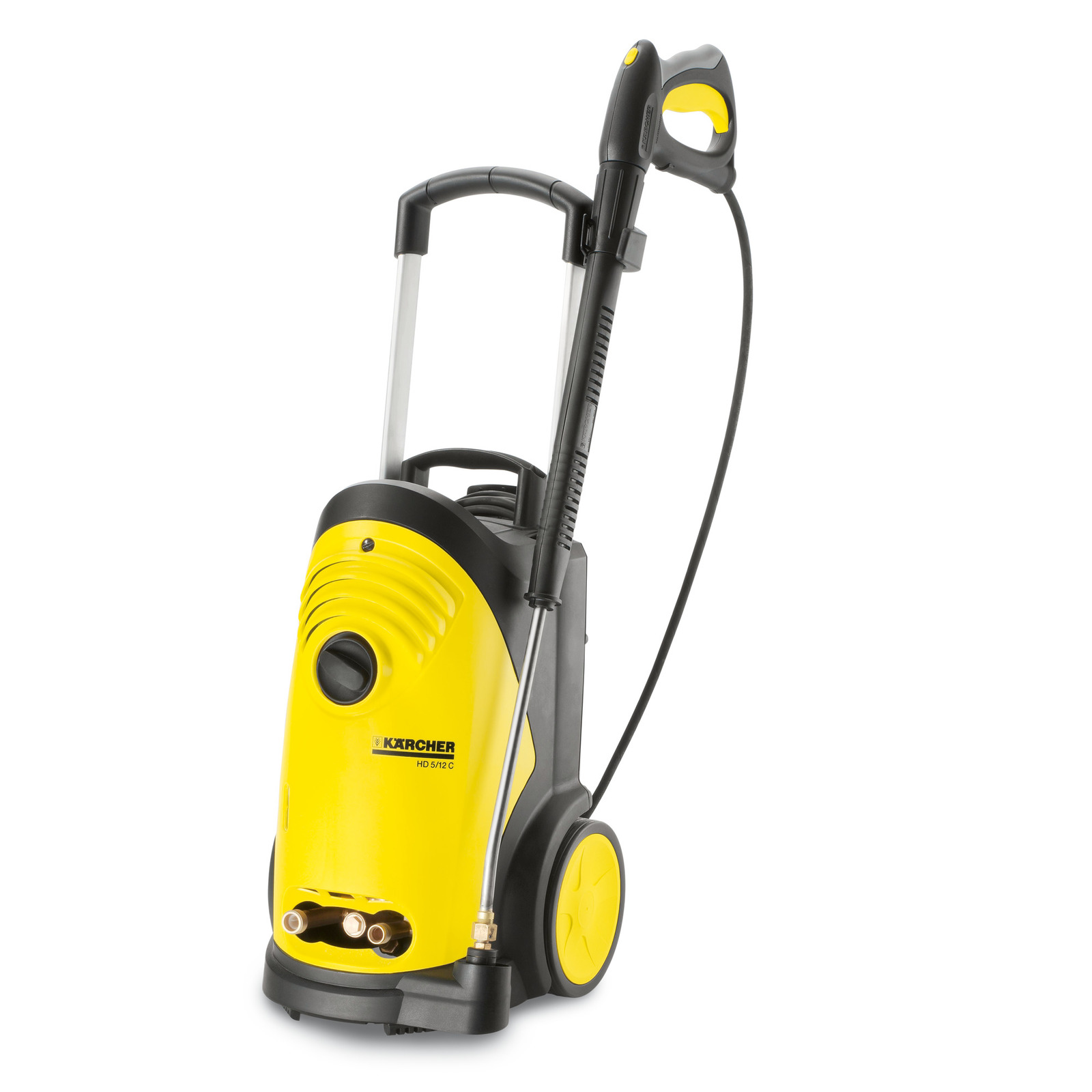 Kärcher HD 5/12 C high-pressure cleaner with yellow body, black accents, and hose attachment. Kärcher HD 5/12 C high-pressure cleaner with yellow body, black accents, and hose attachment.