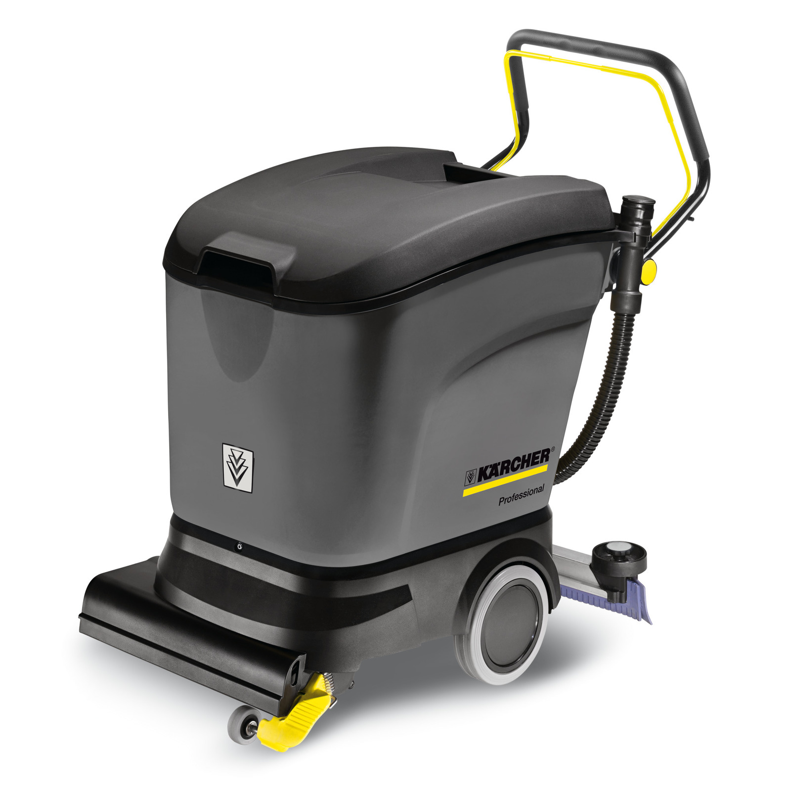 Kärcher floor scrubber with grey body, black lid, and yellow accents, featuring a handle and wheels for mobility.