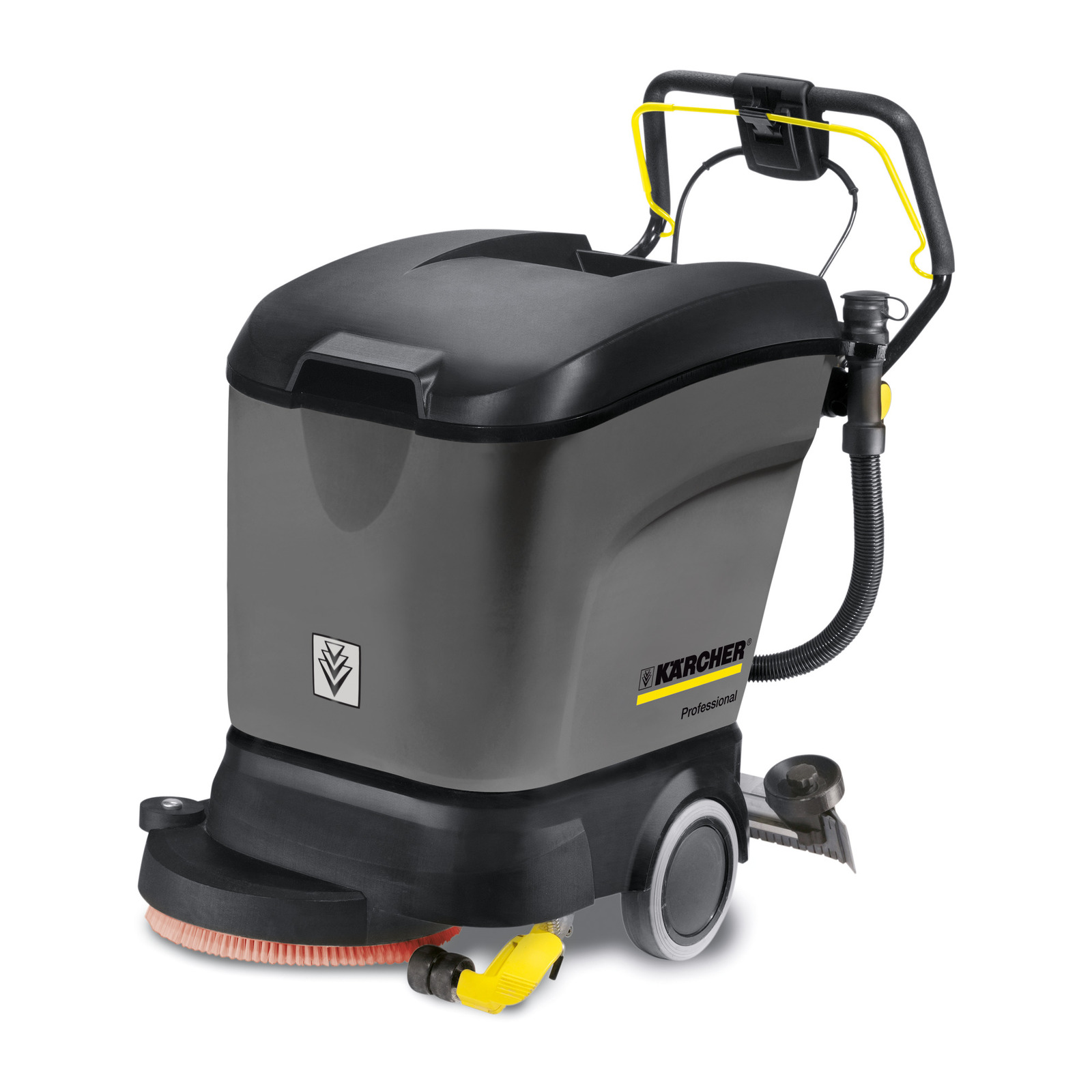 Kärcher floor scrubber with black and grey body, orange brush, and handlebar with yellow accents.