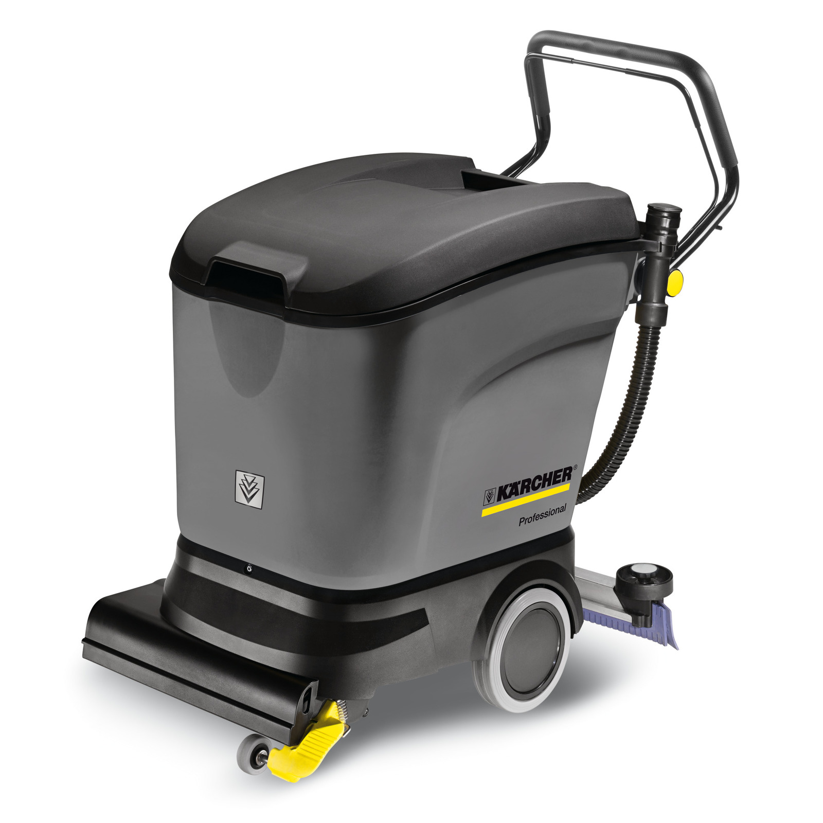 Kärcher floor scrubber with grey body, black handle, and visible wheels, designed for professional cleaning. Kärcher floor scrubber with grey body, black handle, and visible wheels, designed for professional cleaning.