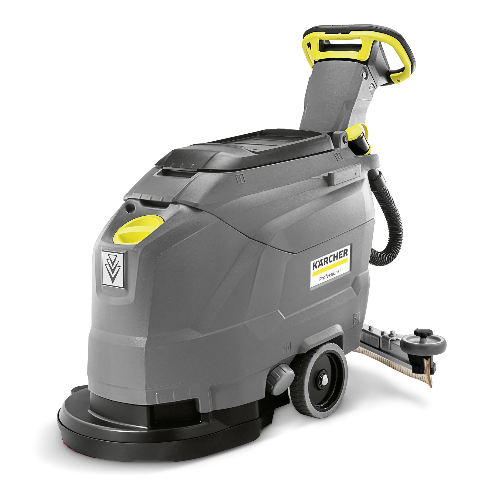 Kärcher floor scrubber with grey body, yellow accents, and handle, featuring a brush attachment at the rear.