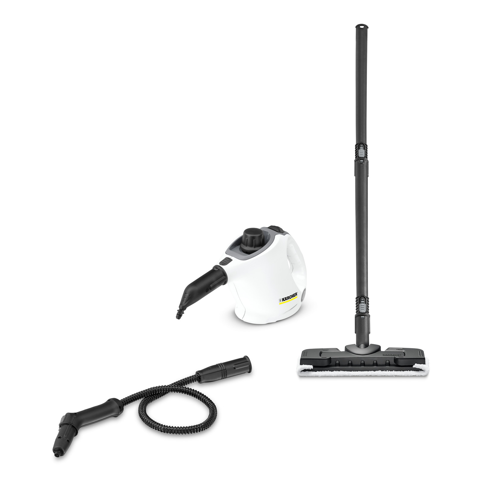 Kärcher steam cleaner with nozzle, extension tube, and floor cleaning attachment on white background.