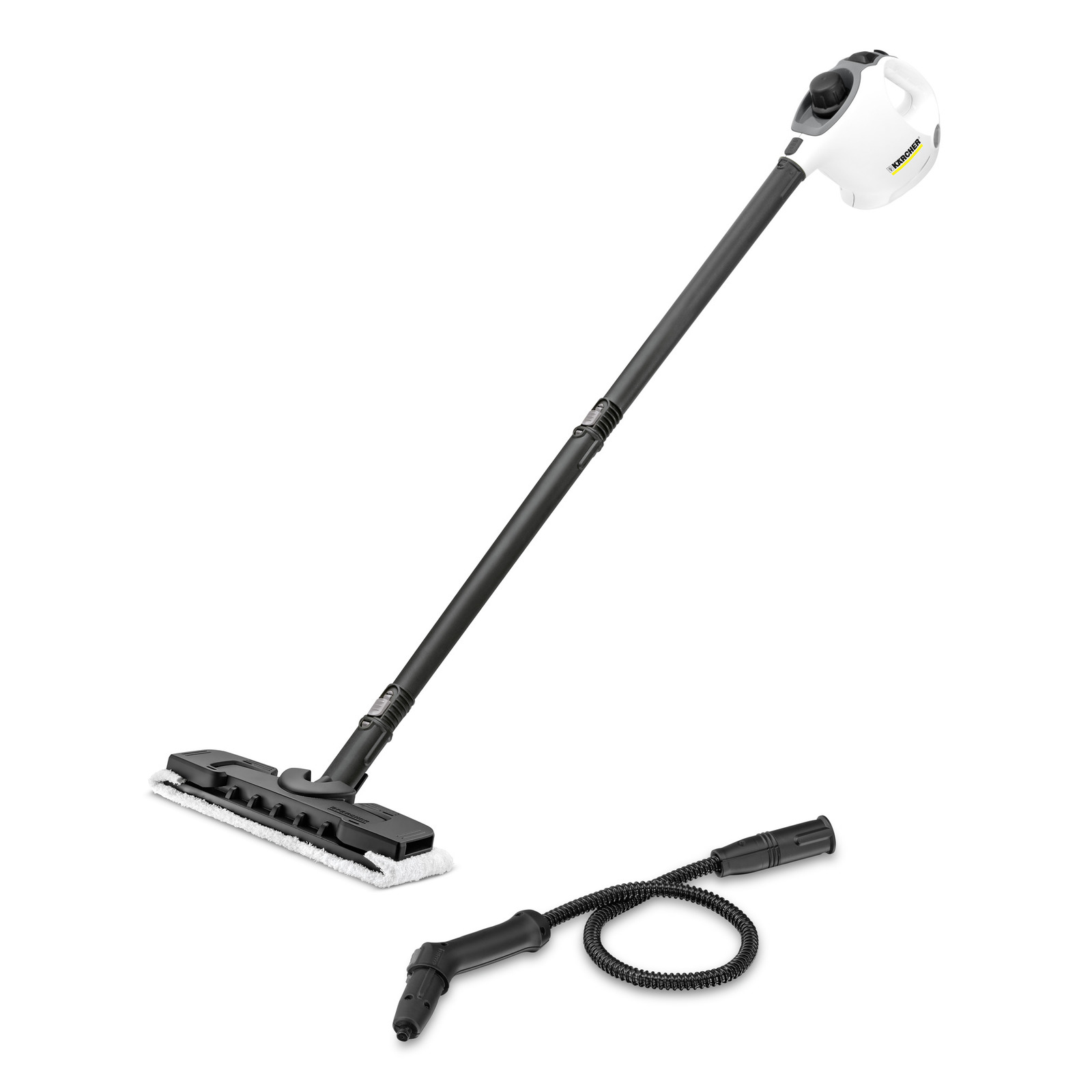 Kärcher steam cleaner with a long black handle and white body, featuring a detachable nozzle and cleaning pad.