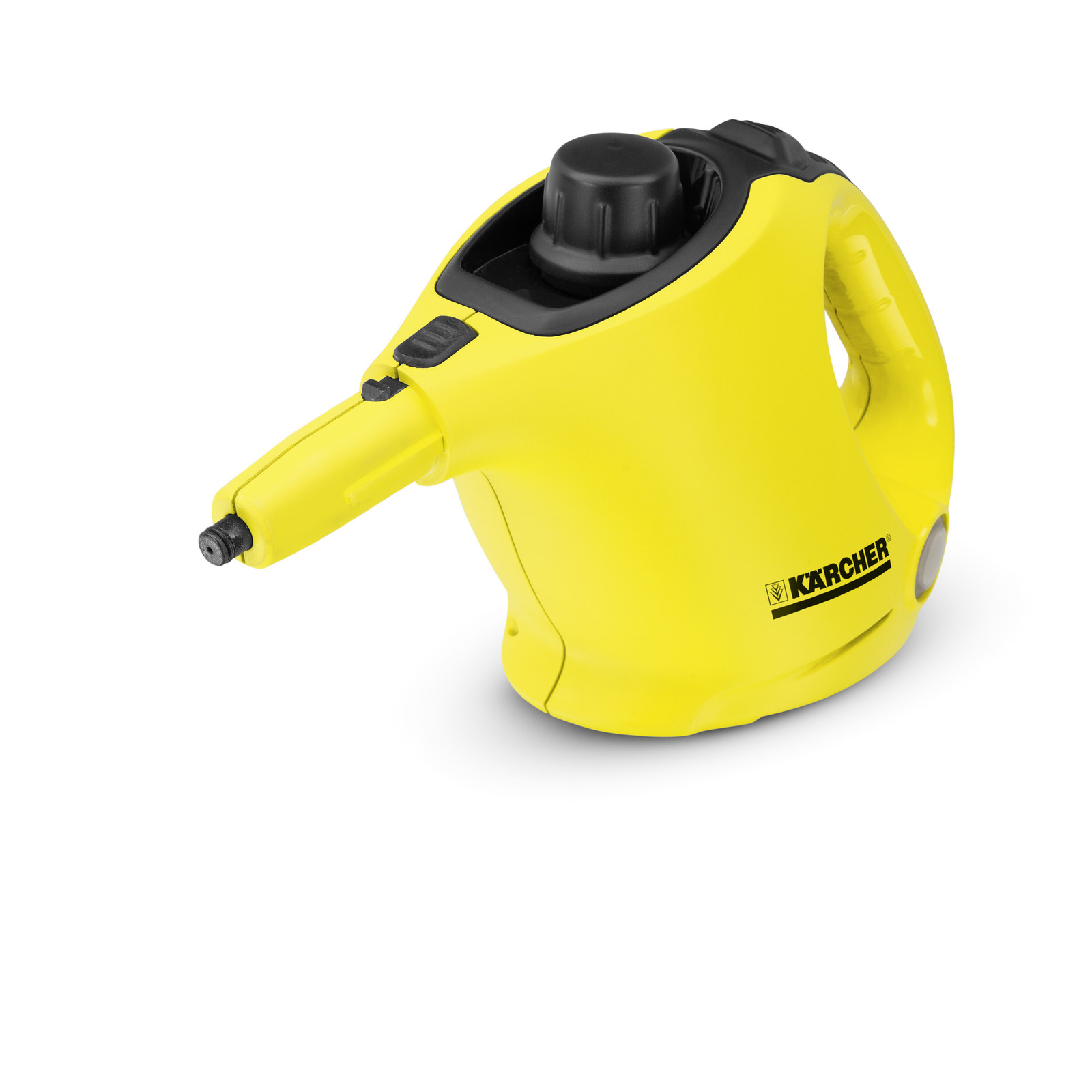 Yellow Kärcher handheld steam cleaner with a nozzle and ergonomic handle, set against a white background.
