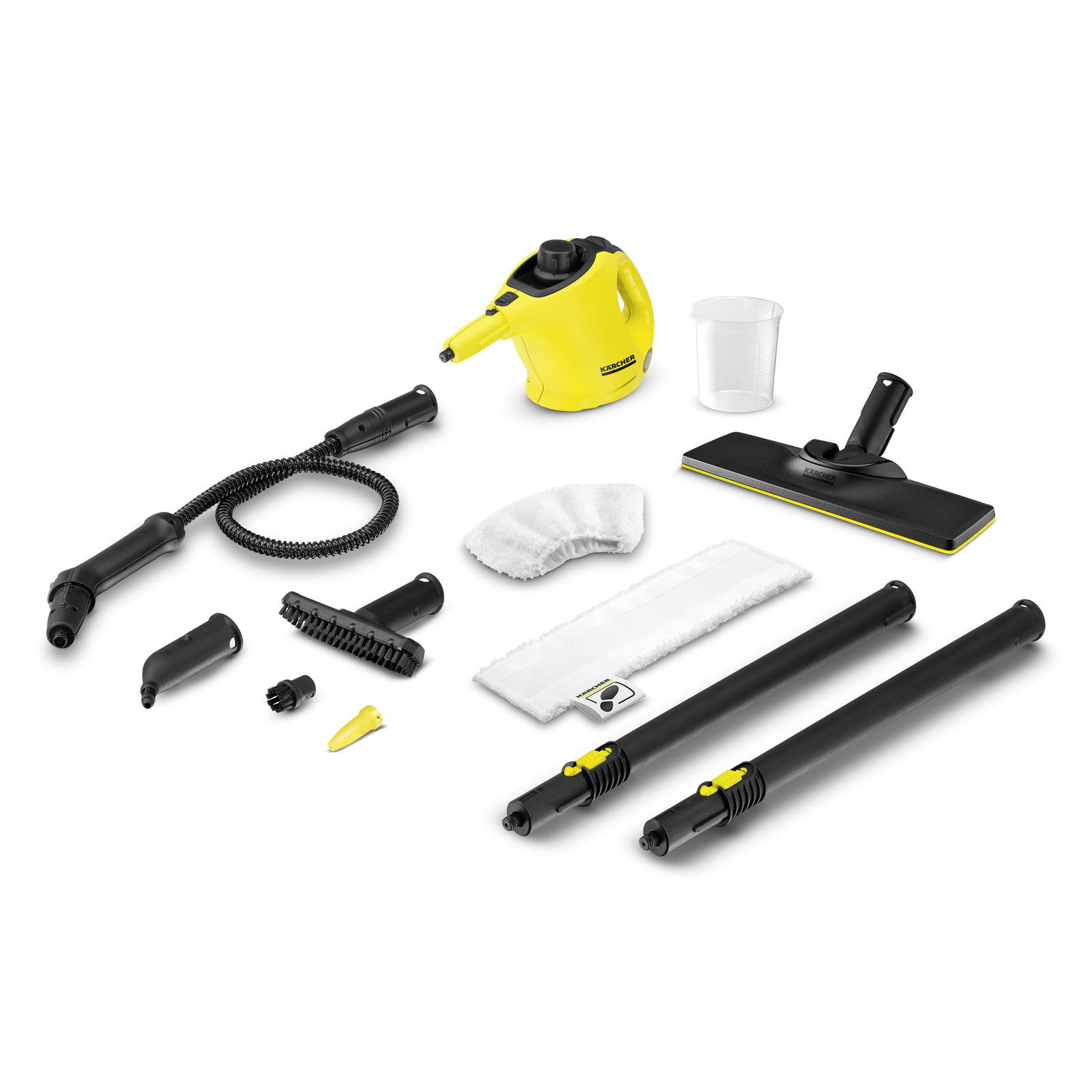 Aspirator cu aburi Kärcher și accesorii: duze, perii, extensii, cârpe și recipient de măsurare, toate pe fundal alb.