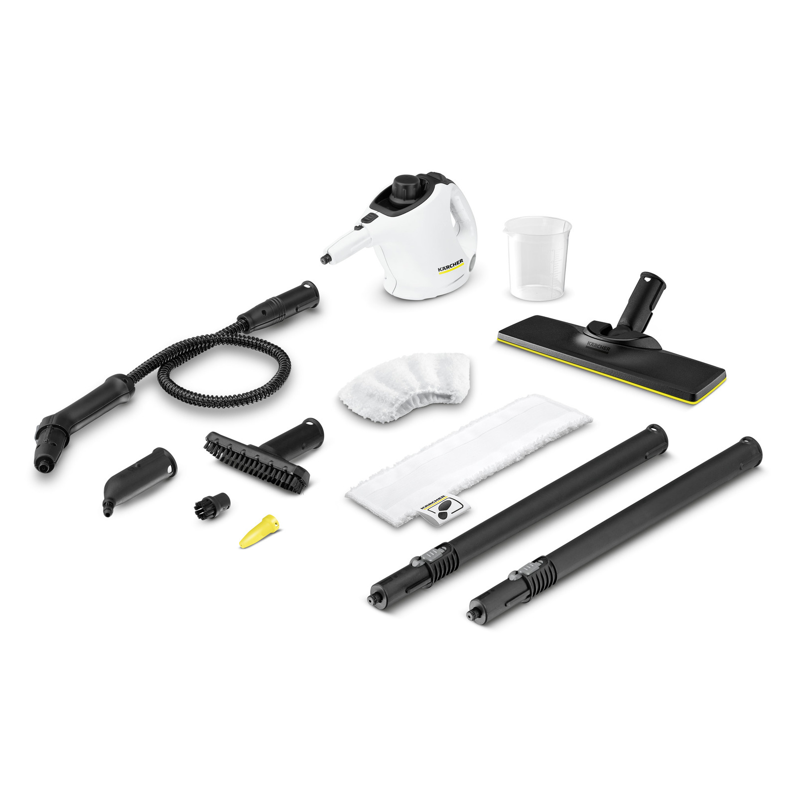 Aspirator cu aburi Kärcher și accesorii: perii, duze, extensii, lavete și recipient măsurare.