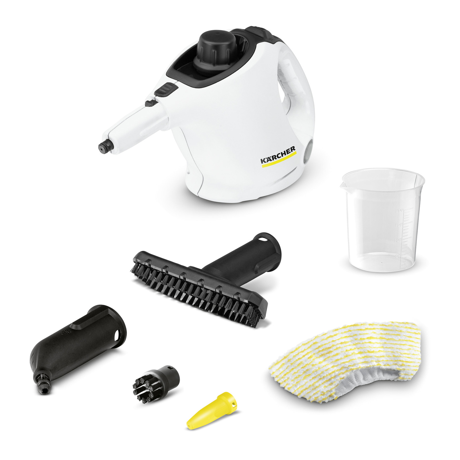 Kärcher steam cleaner with accessories including a brush, nozzle, measuring cup, and cleaning cloth on a white background.