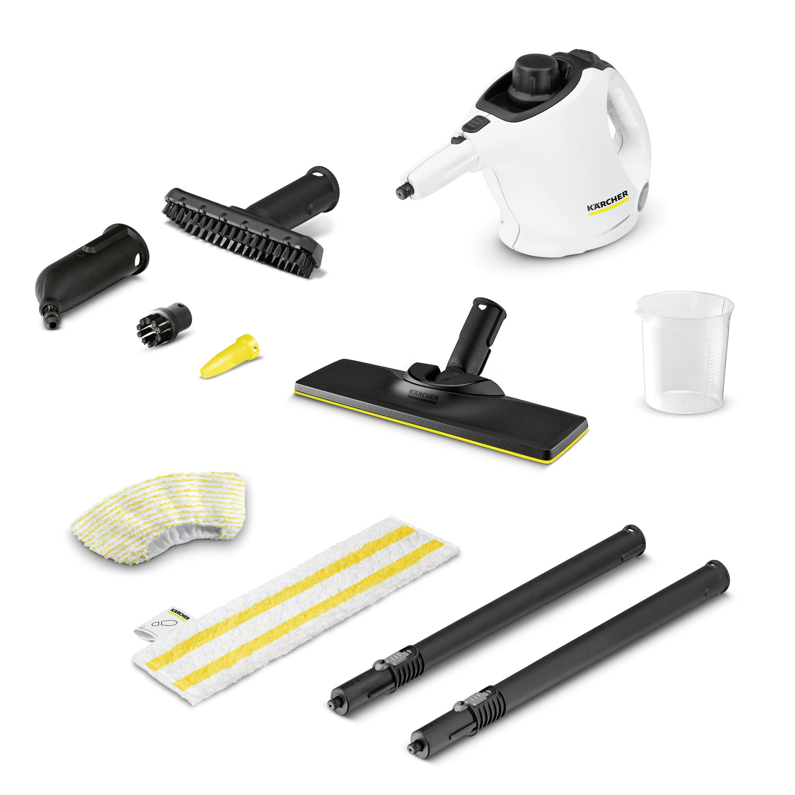 Kärcher steam cleaner set with various attachments, including brushes, nozzles, extension tubes, cleaning pads, and a measuring cup.