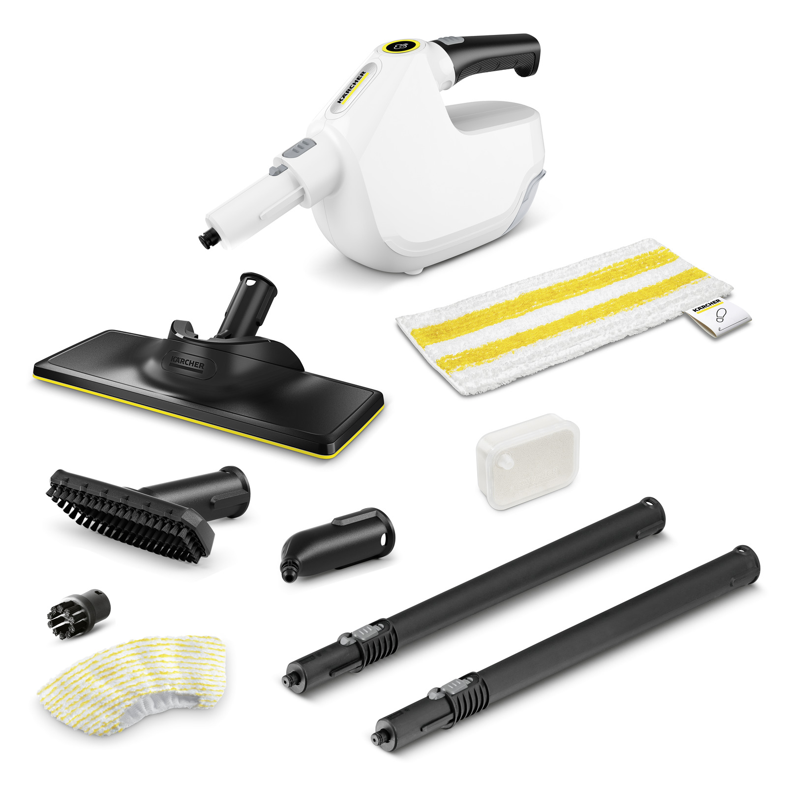 Kärcher steam cleaner with accessories including brushes, nozzles, extension tubes, and cleaning pads on a white background. Kärcher steam cleaner with accessories including brushes, nozzles, extension tubes, and cleaning pads on a white background.