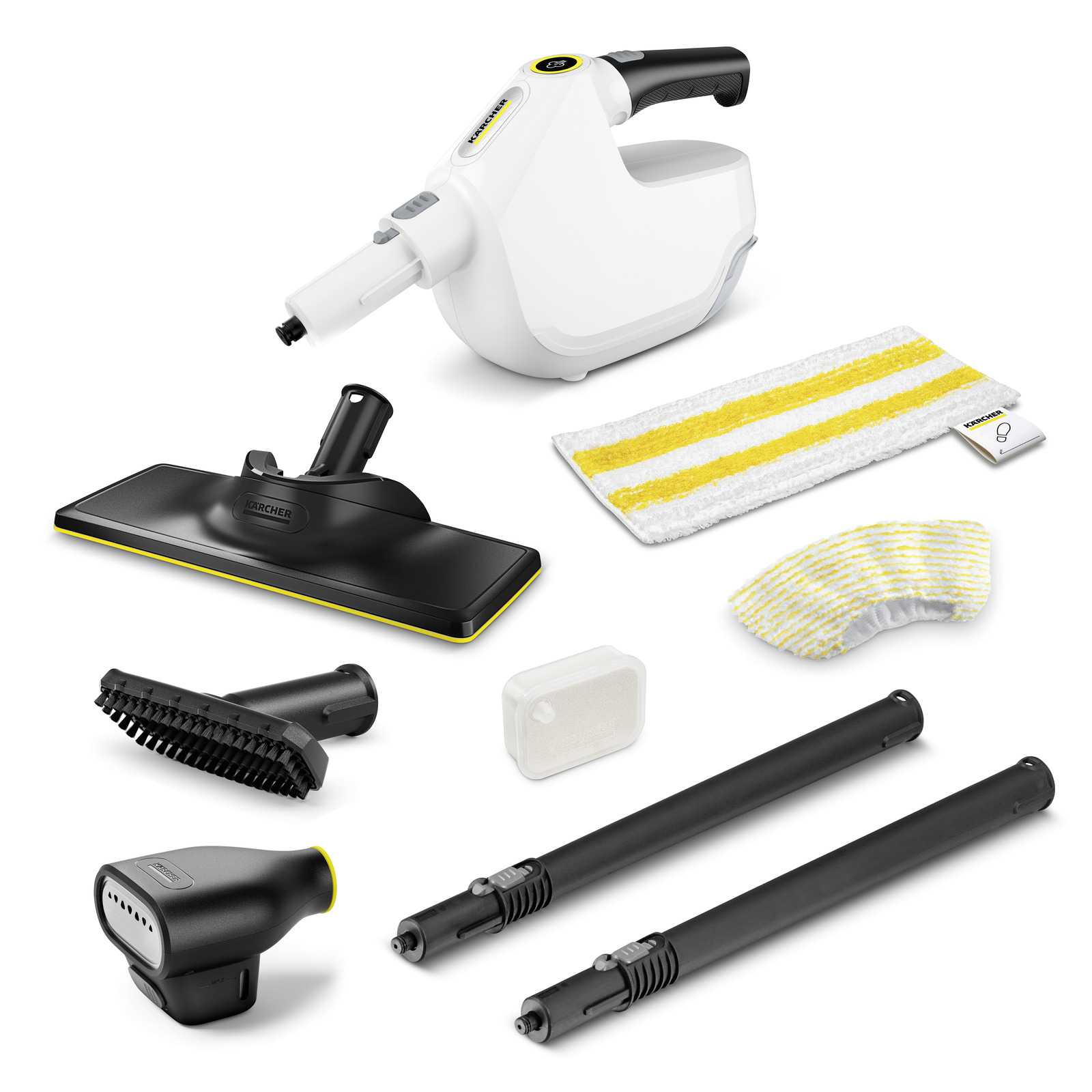 Set de curățare Kärcher, incluzând un aparat de curățat cu aburi, accesorii și lavete cu dungi galbene.
