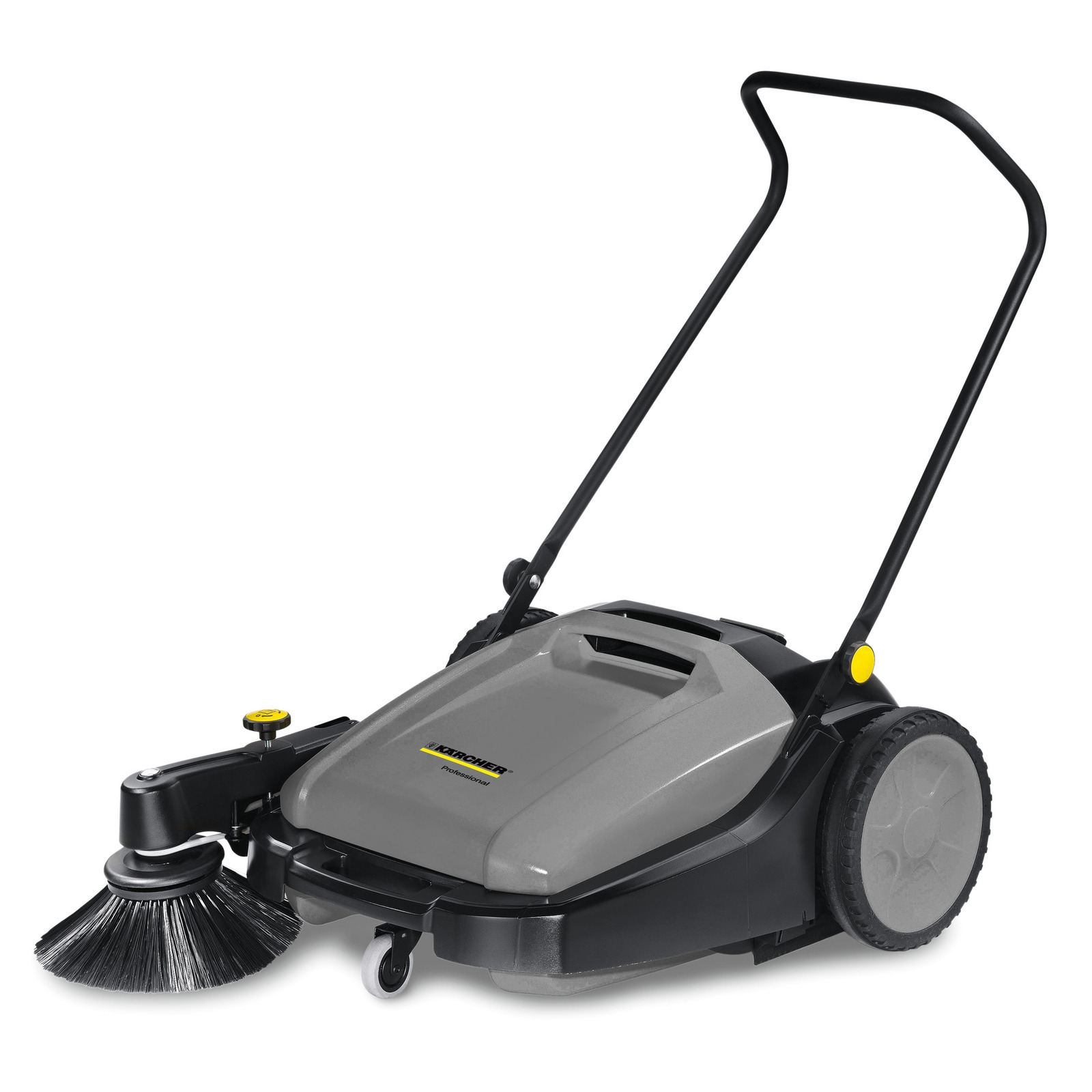 Grey Kärcher push sweeper with black handle, large wheels, and front rotating brush on a white background.