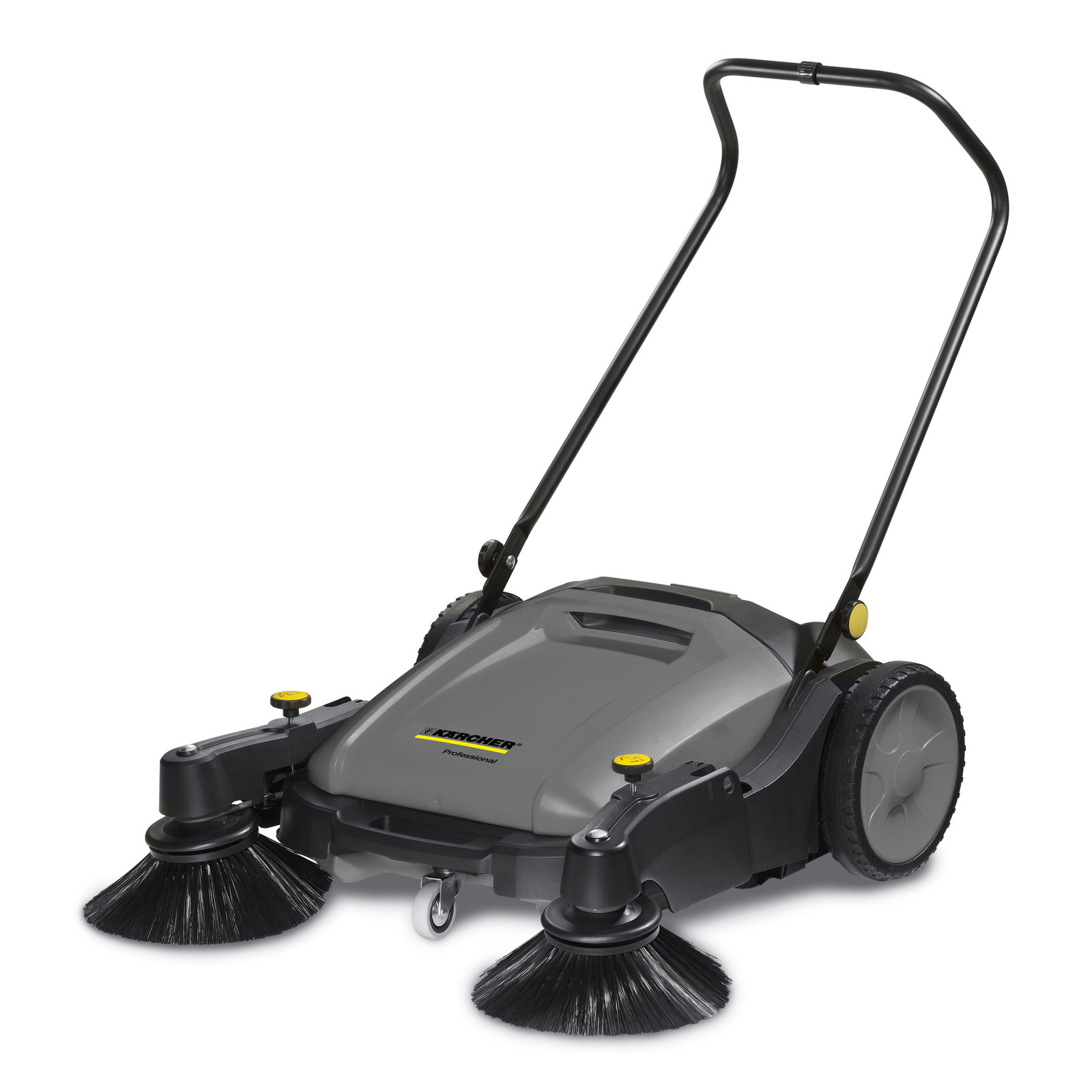 Măturătoare Kärcher cu două perii rotative, gri, cu mâner negru și roți mari.