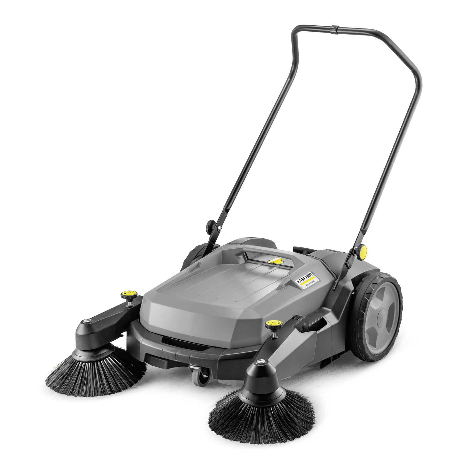 Kärcher push sweeper with dual rotating brushes, grey body, and large rear wheels, designed for outdoor cleaning tasks. Kärcher push sweeper with dual rotating brushes, grey body, and large rear wheels, designed for outdoor cleaning tasks.